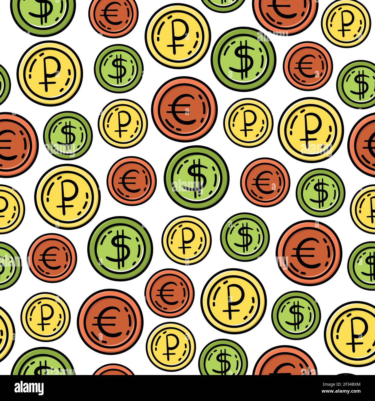 Hand drawn vector seamless pattern with coins. Decorative background. Dollar, euro, ruble. Stock Vector