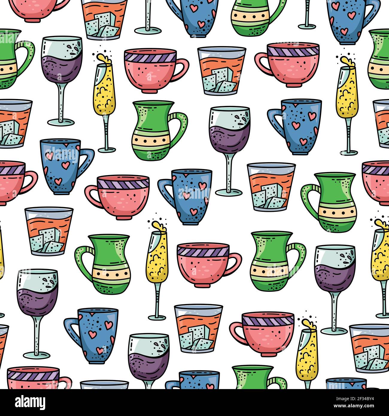 Hand drawn vector seamless pattern with cups and glasses. Decorative background. Stock Vector