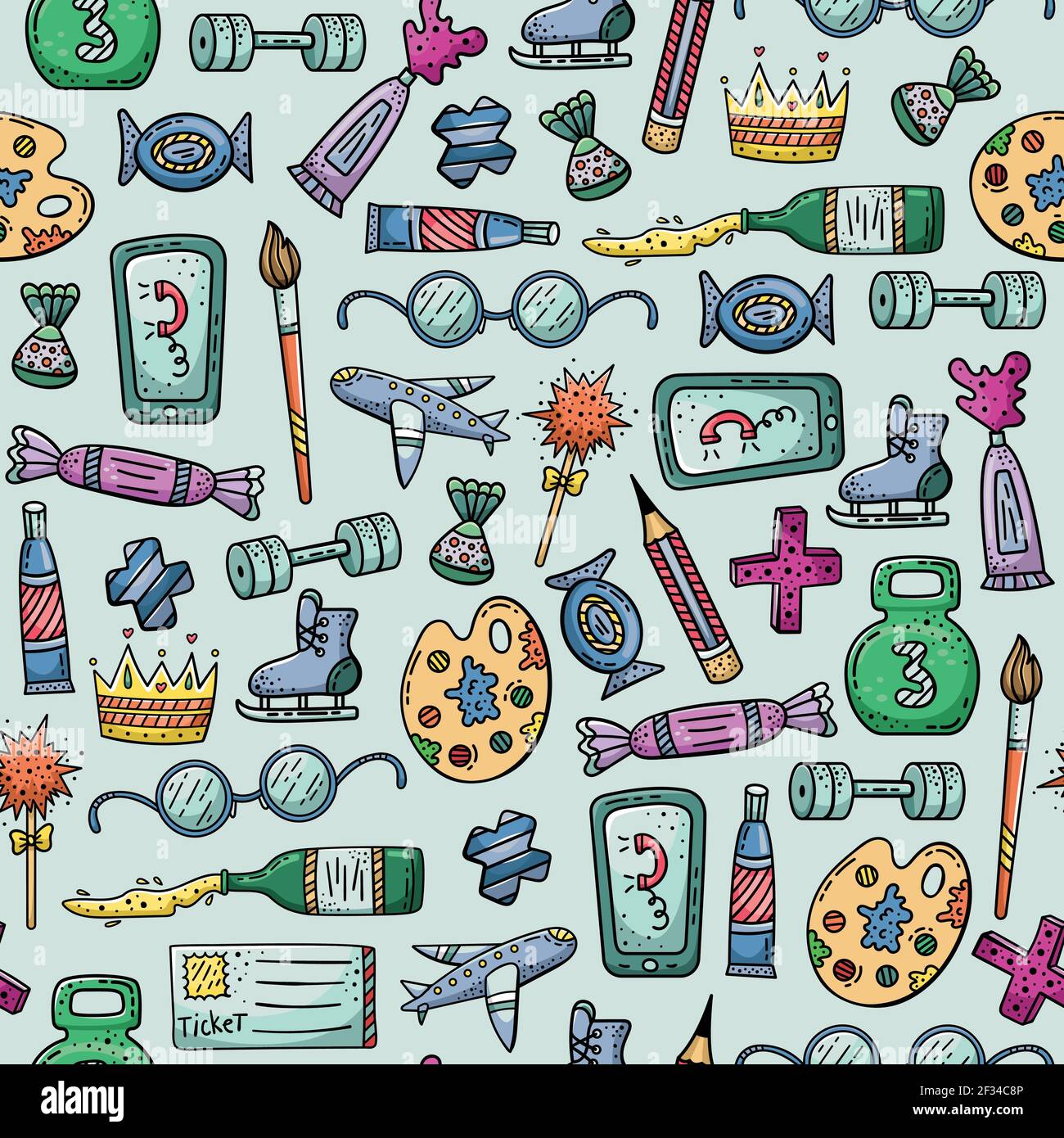 Hand drawn vector seamless pattern with doodles illustrations. Decorative background. Stock Vector