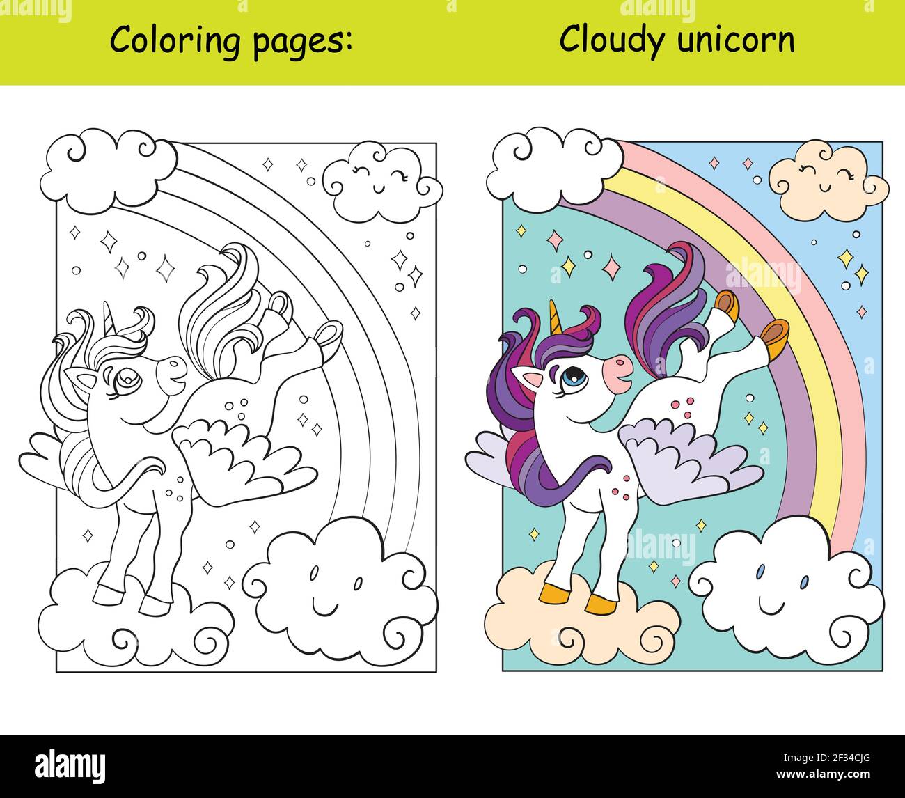 Cute unicorn with wings flying in the sky. Coloring book page for children with colorful template. Vector cartoon isolated illustration. For coloring Stock Vector