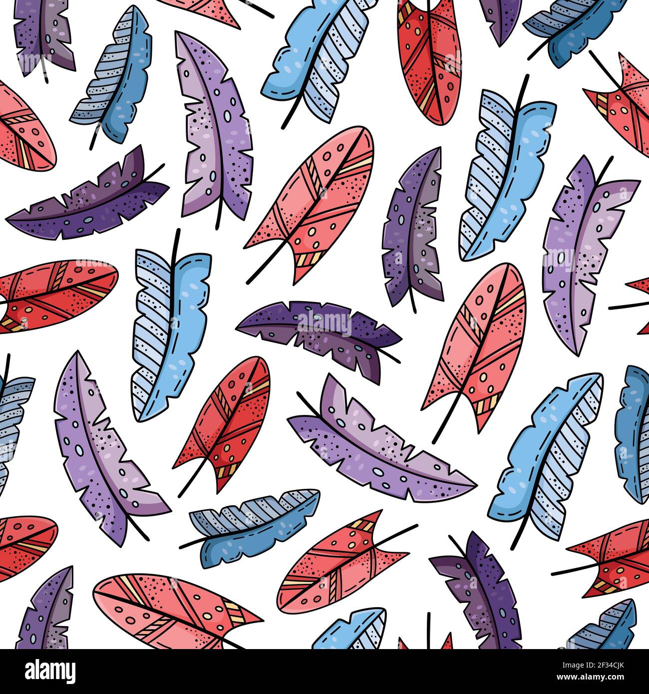 Hand drawn vector seamless pattern with doodles illustrations. Creative feathers. Decorative background. Stock Vector