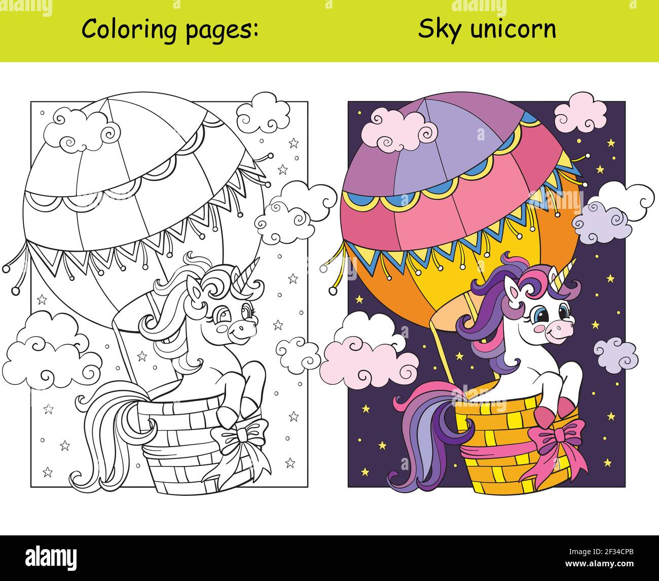 Cute unicorn flying in hot air balloon in the sky. Coloring book page ...
