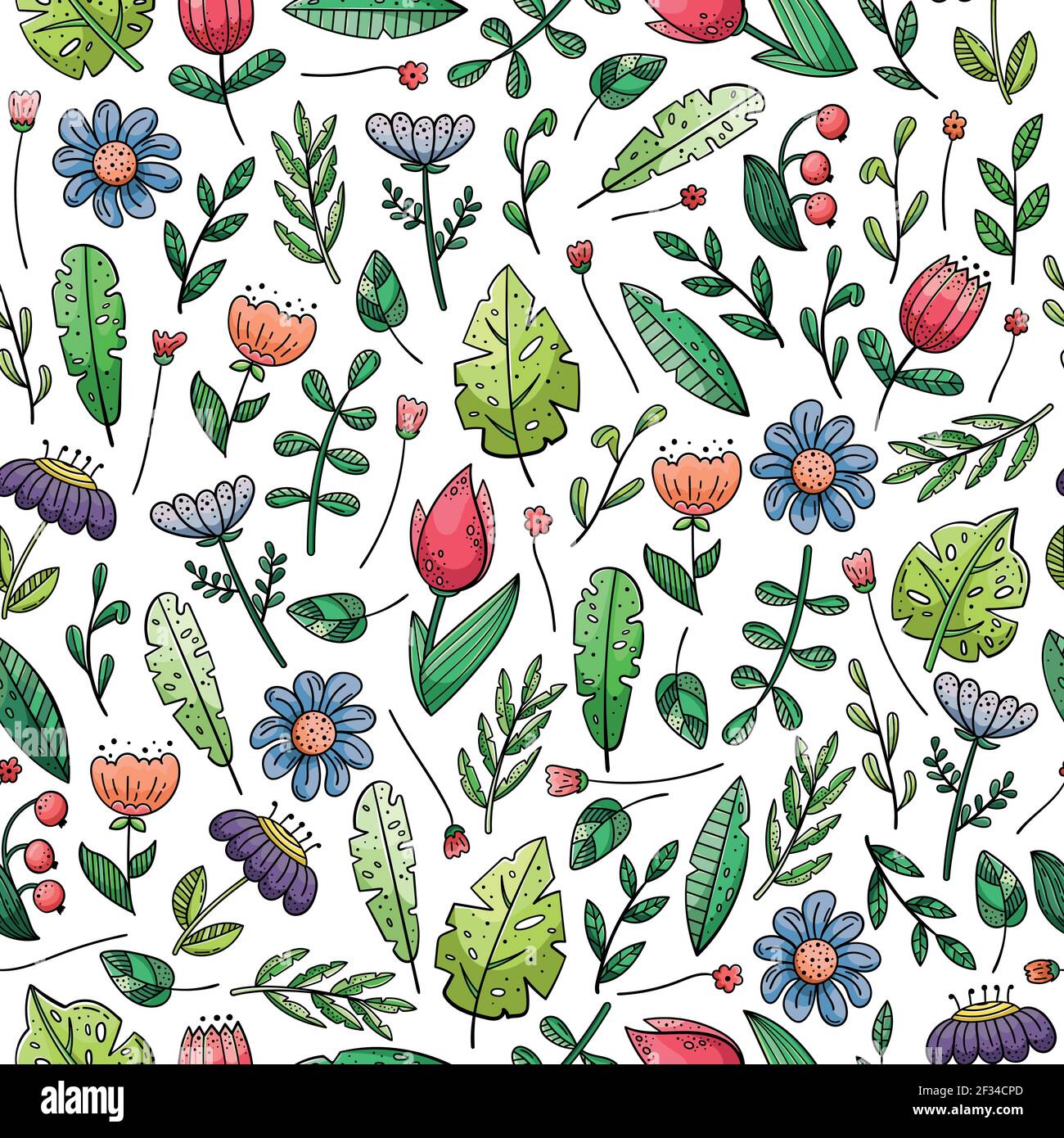 Hand drawn vector seamless pattern with doodles illustrations. Flowers ...