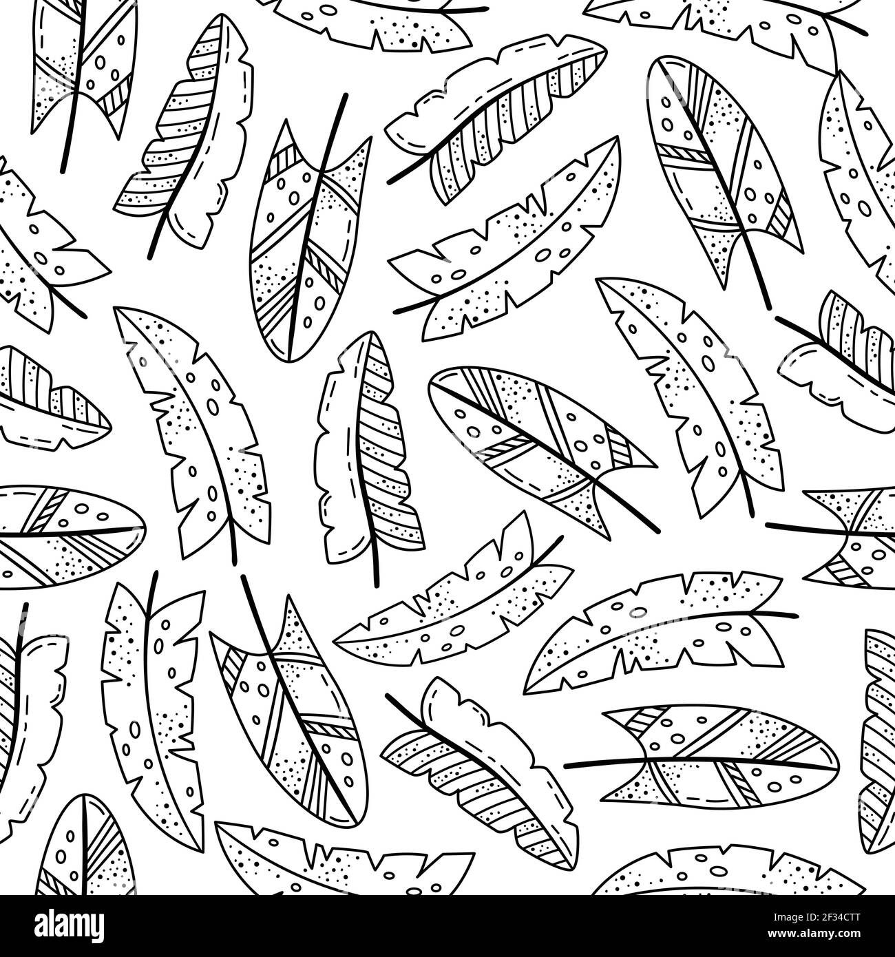 Hand drawn vector seamless pattern with doodles illustrations. Creative feathers. Decorative background. Stock Vector