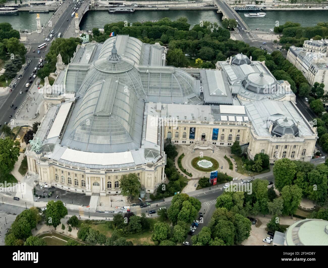 File photo dated July 11, 2019 of an aerial view of the Grand Palais in Paris, France. The Grand Palais, a Mecca for the arts and sciences for 120 years in the heart of Paris, will begin its renovation from top to bottom on Friday. The listed complex, comprising three buildings built for the 1900 Universal Exhibition, will reopen partially in the spring of 2024 (for the nave and adjoining galleries) and completely in the spring of 2025. Photo by Mario Fourmy/ABACAPRESS.COM Stock Photo
