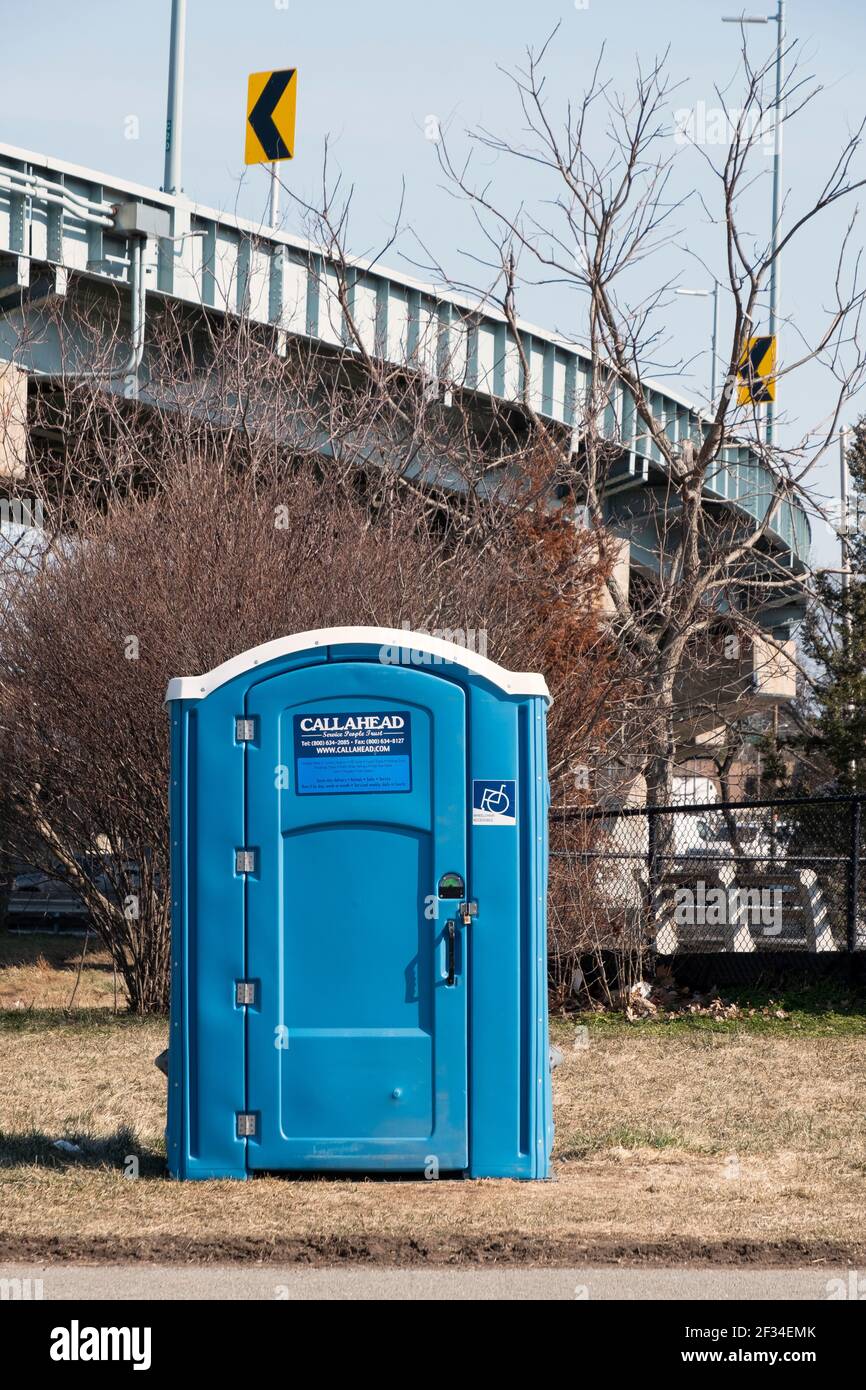 A Callahead portable unisex bathroom in Little Bay Park at the foot of ...