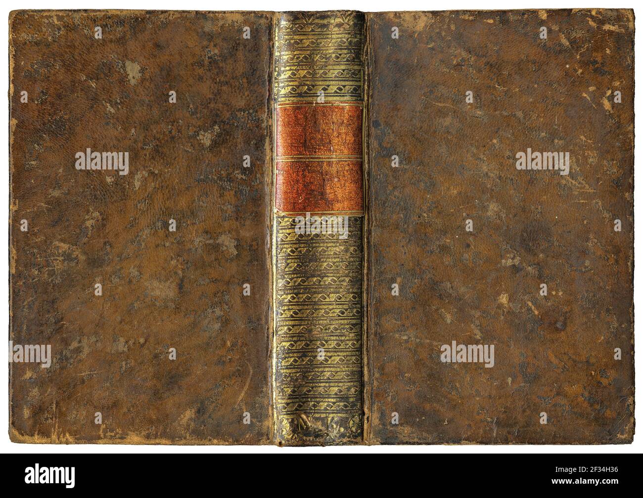 Worn leather cover antique open book with golden abstract decorations