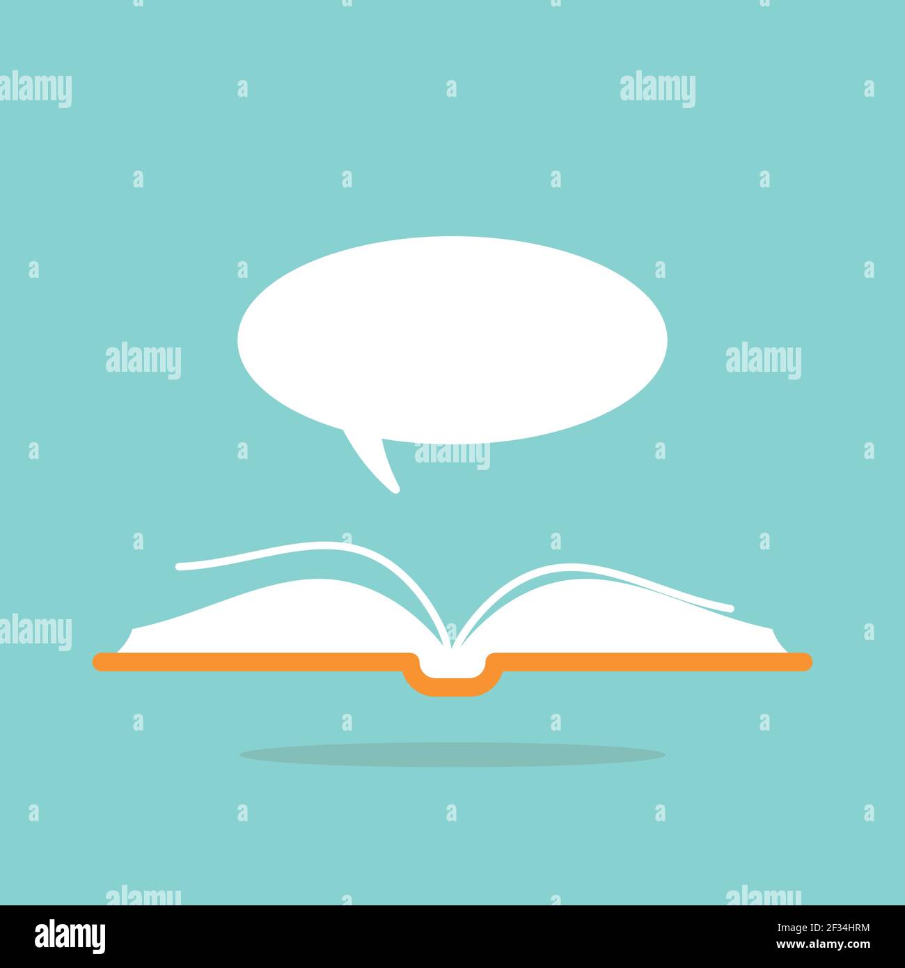 Open book with red book cover and white speech bubble flying out ...