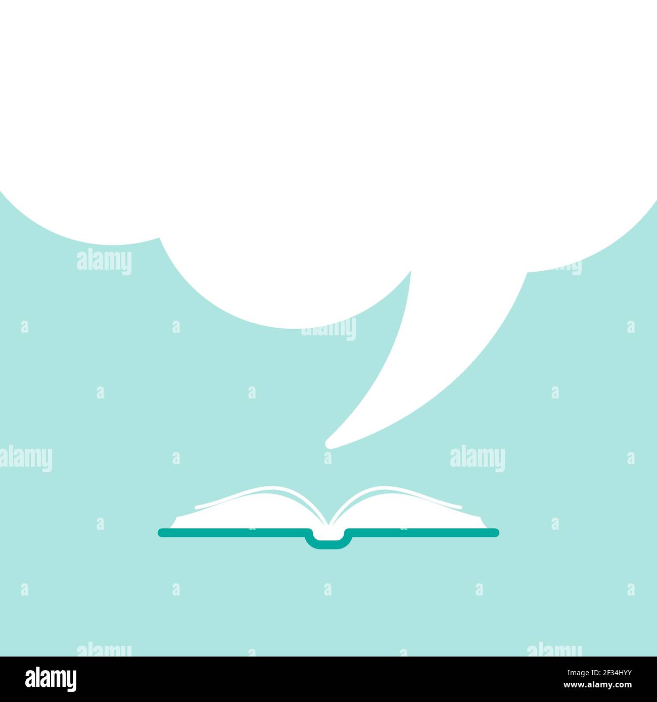 Open book with red book cover and big white speech bubble flying out ...