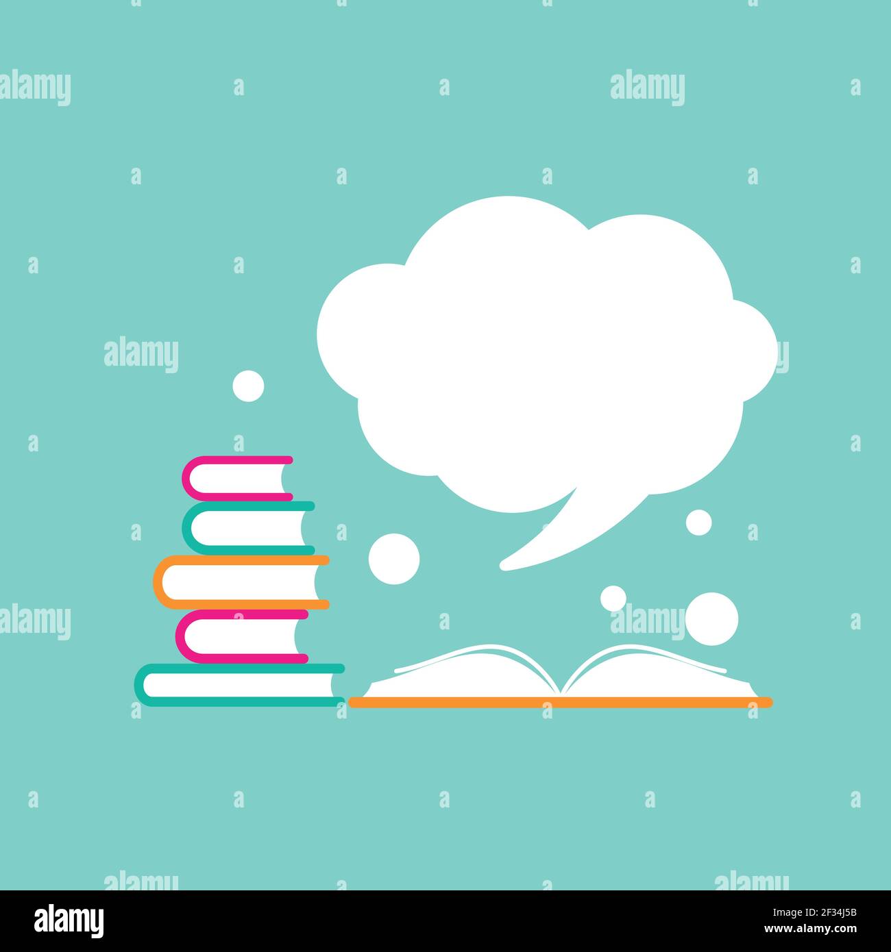stack of books and open book with orange cover and white speech bubble ...