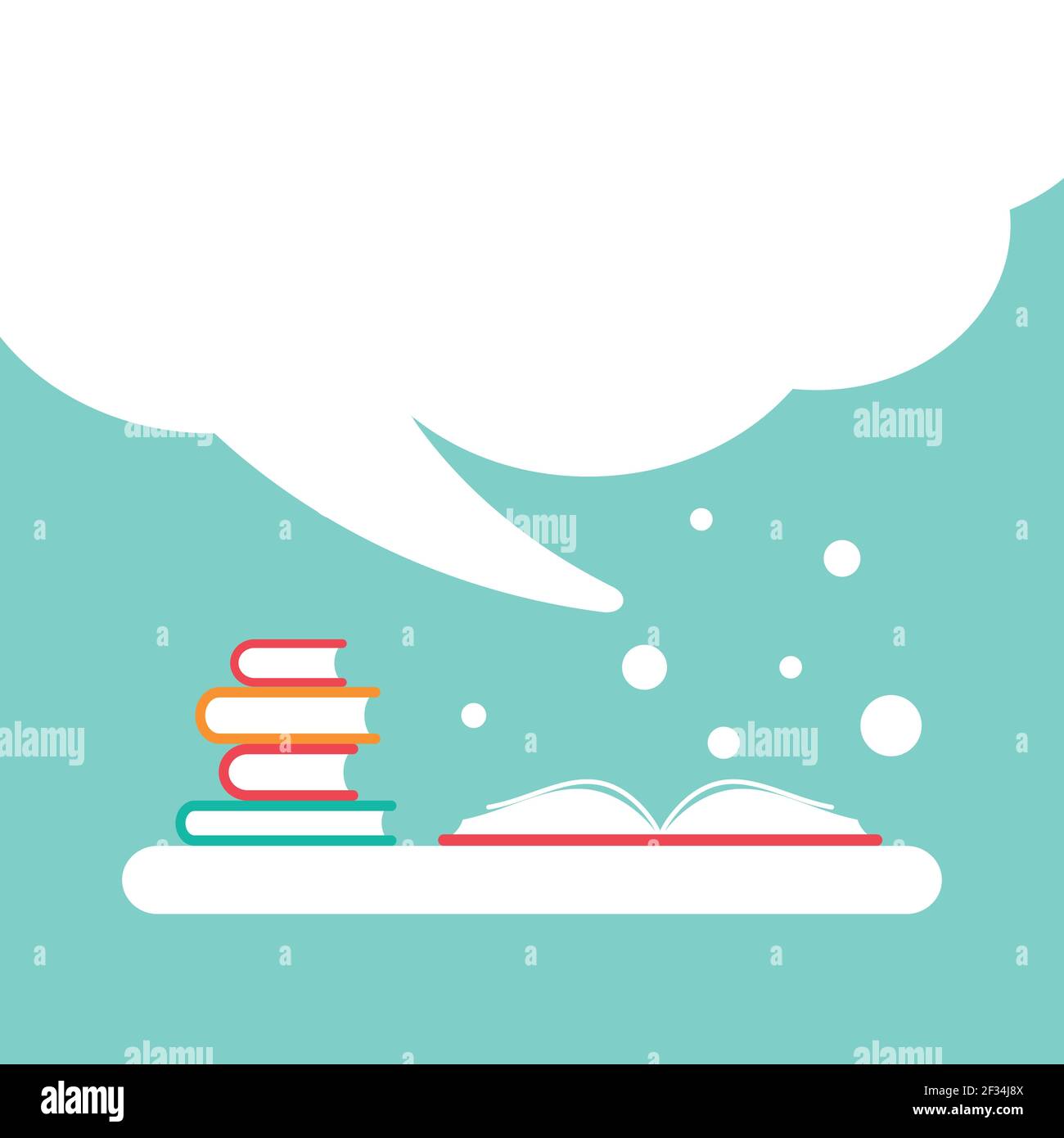 stack of books and open book with orange cover and big speech bubble ...