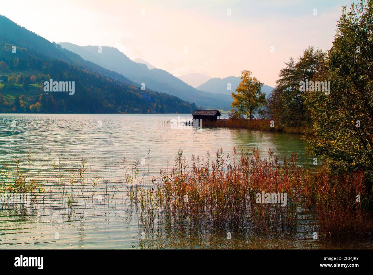 Austria, sunset on Weissensee lake in Carinthia Stock Photo