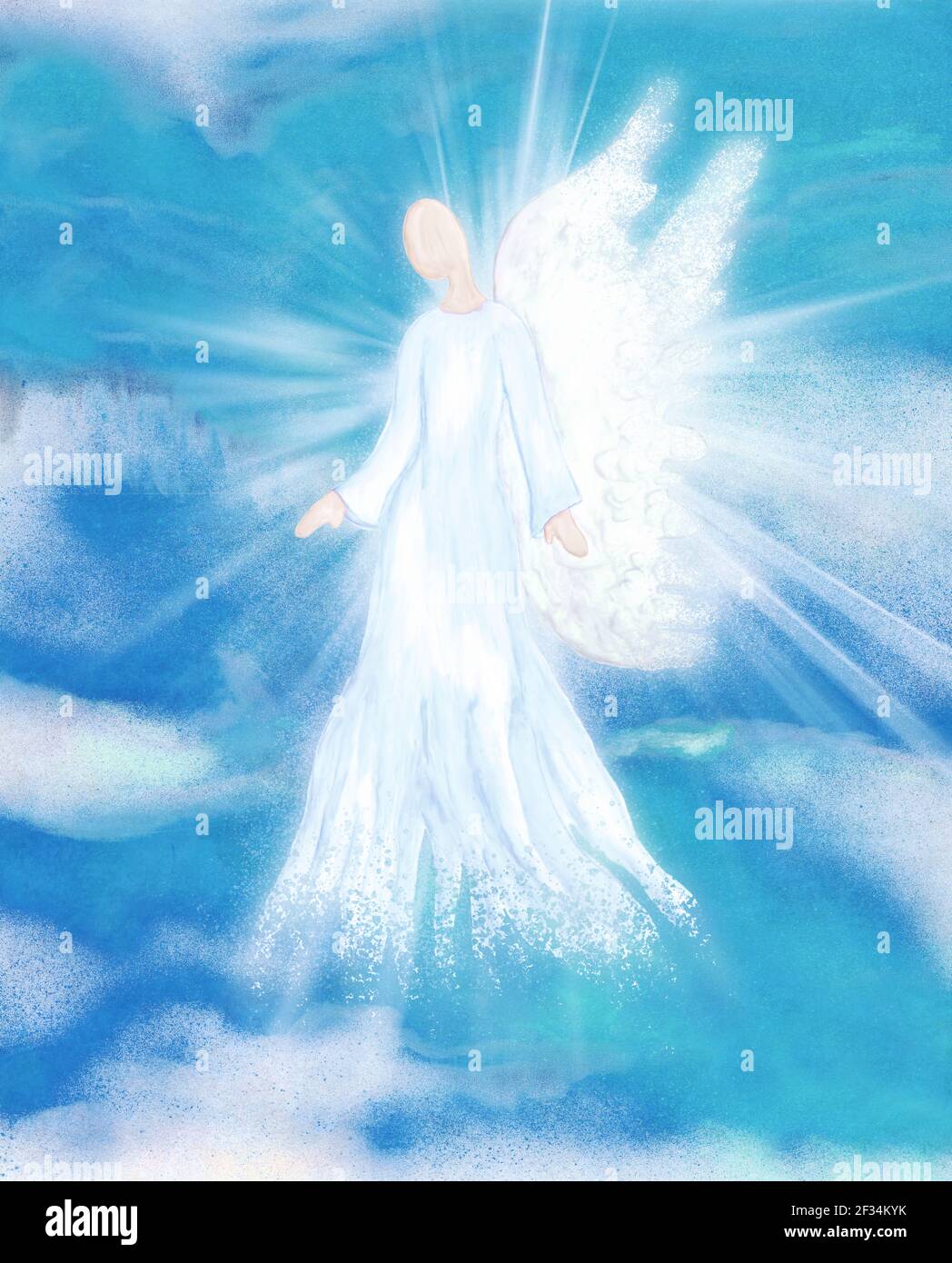 Archangel. Heavenly angelic spirit with wings. Hand draw Illustration abstract angel. Belief. Afterlife. Spiritual Angel. Sky clouds with bright light Stock Photo