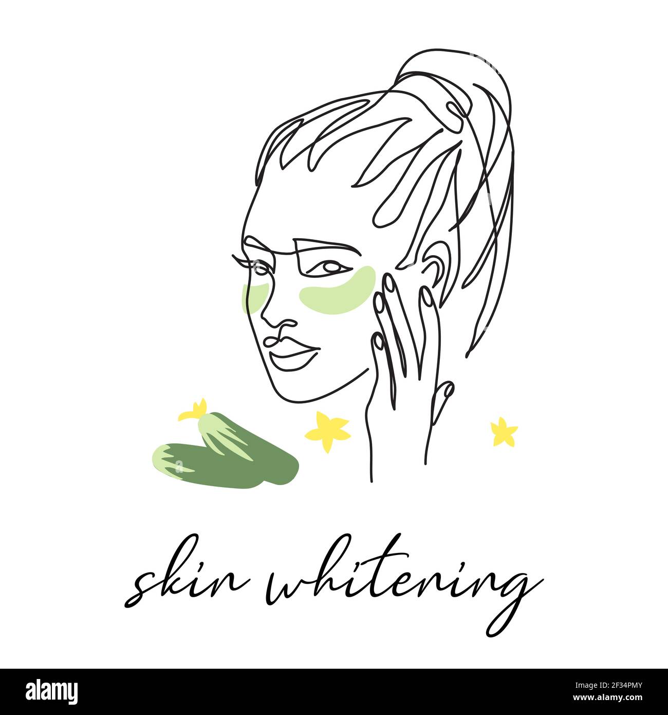 Under eye patch with cucumber, skin whitening. Face line art, pretty girl head drawing Stock Vector