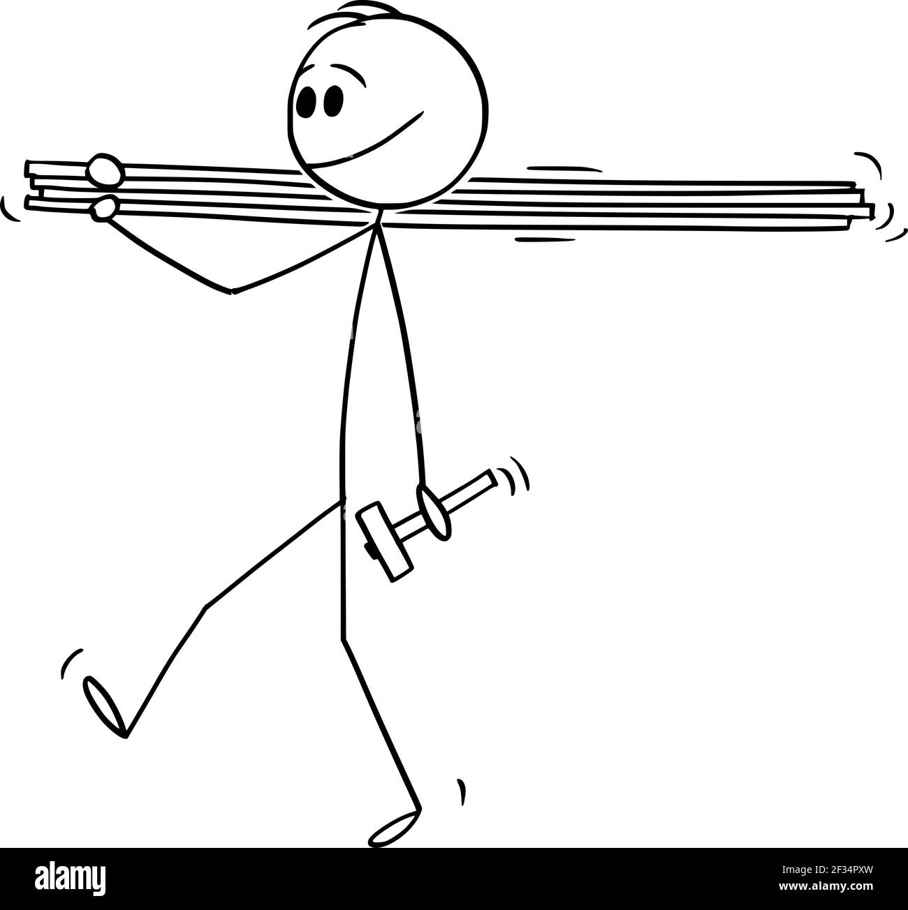 Man Carrying Wood Boards or Planks and Hammer, Vector Cartoon Stick Figure Illustration Stock Vector