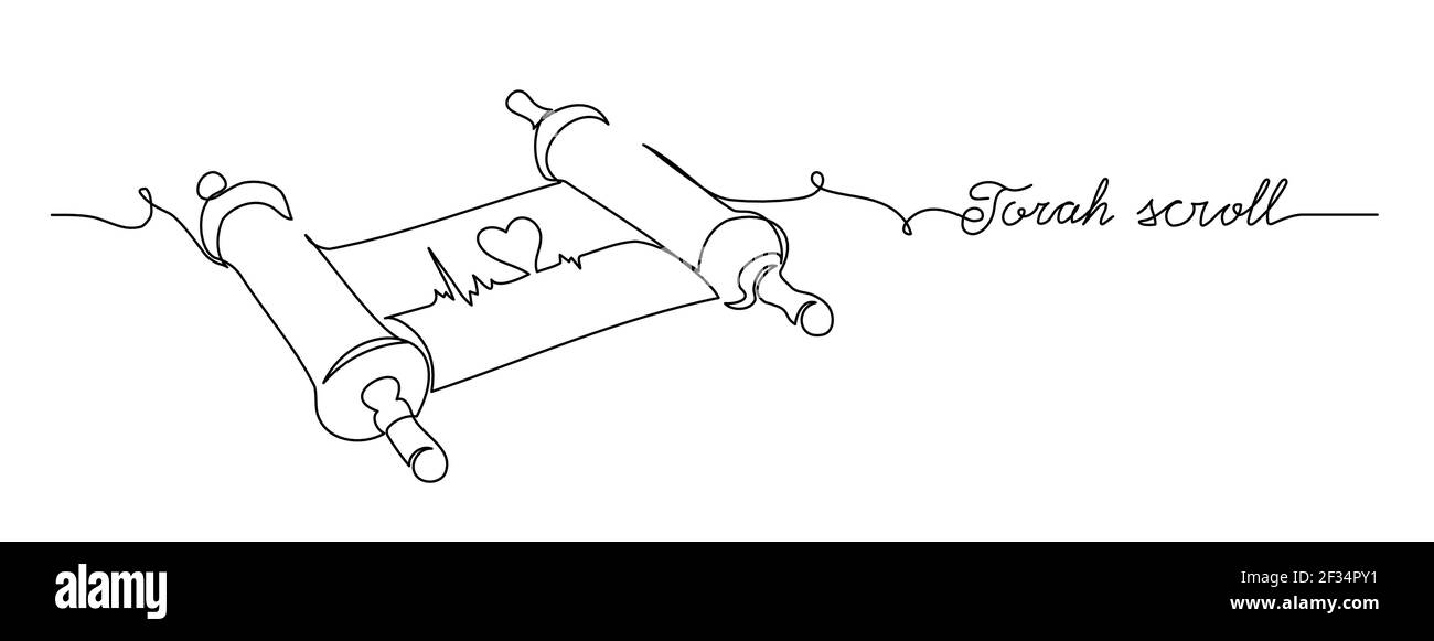 Torah scroll and heart. One continuous line drawing illustration of jewish Torah scroll Stock Vector