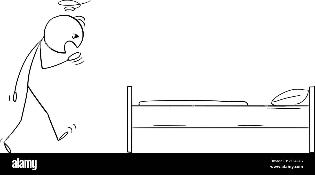 Tired Man Going to Sleep in Bed, Vector Cartoon Stick Figure