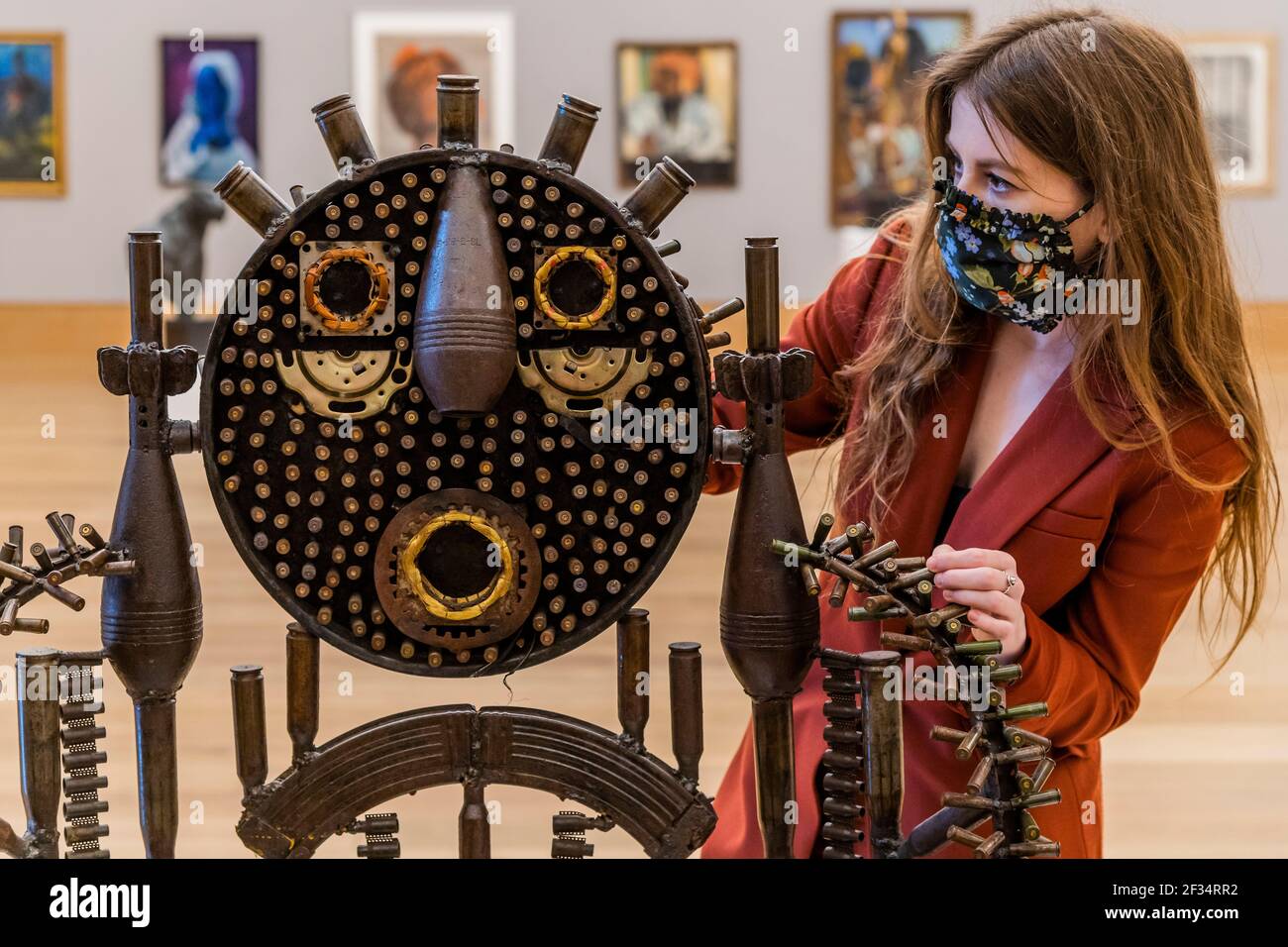 London, UK. 15th Mar, 2021. Gonçalo Mabunda, Throne, est £ 3,000 - 5,000 - Preview of Bonhams' Modern & Contemporary African Art sale at Bonhams New Bond Street. The sale itself will take place on Wednesday 17 March. Credit: Guy Bell/Alamy Live News Stock Photo