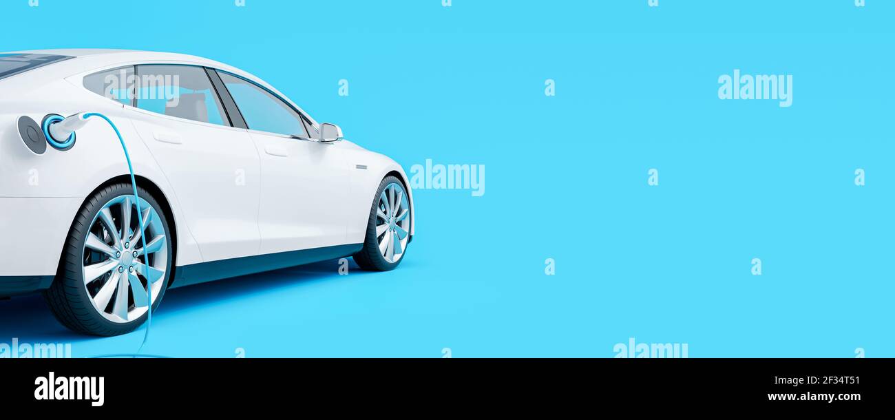 White electric car connected to charger on blue background 3D Rendering, 3D Illustration Stock Photo