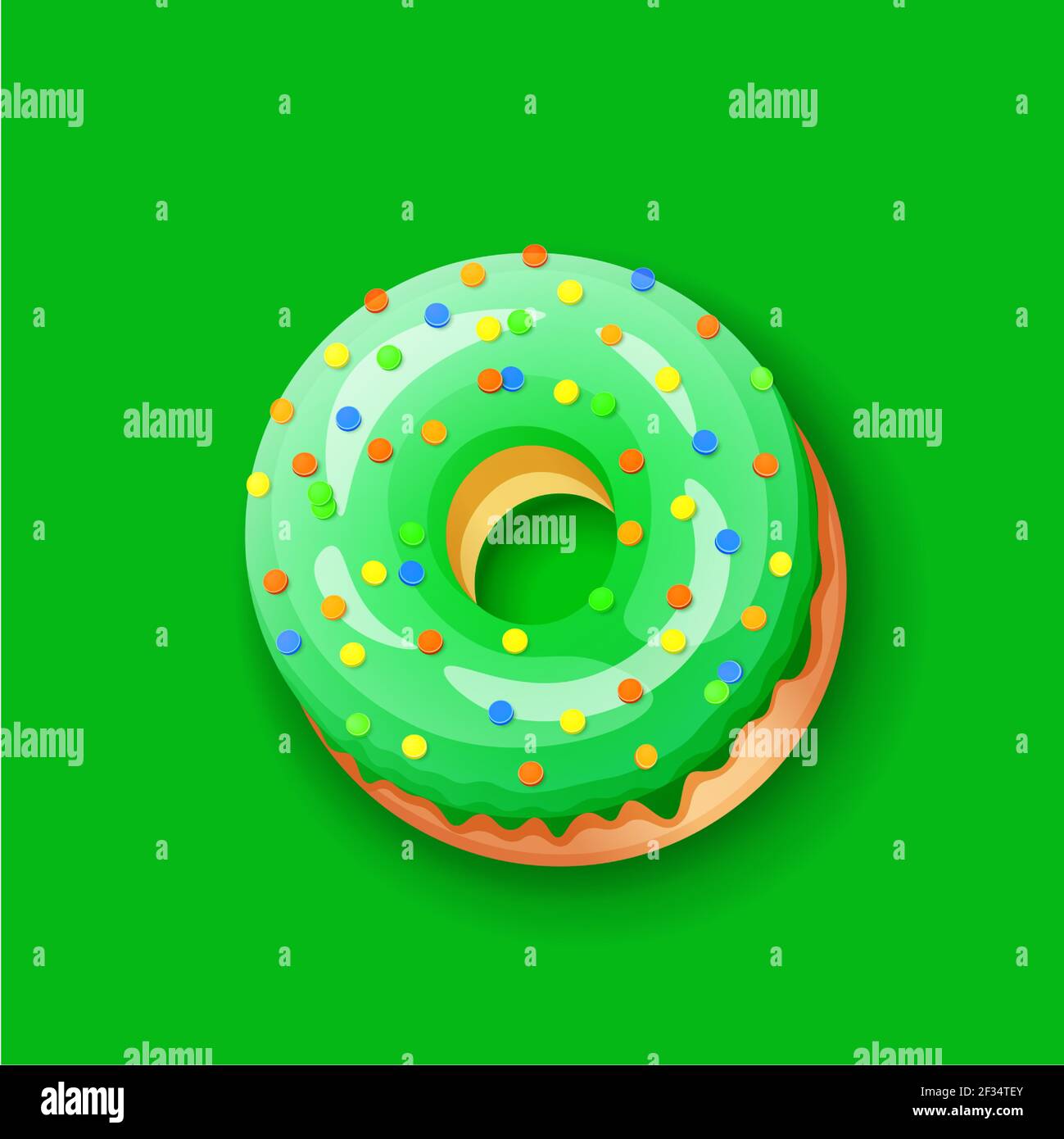 Donut icing green upper latters - O Font of donuts. Bakery sweet alphabet. Donut alphabet latter O isolated on green background, vector illustration Stock Vector