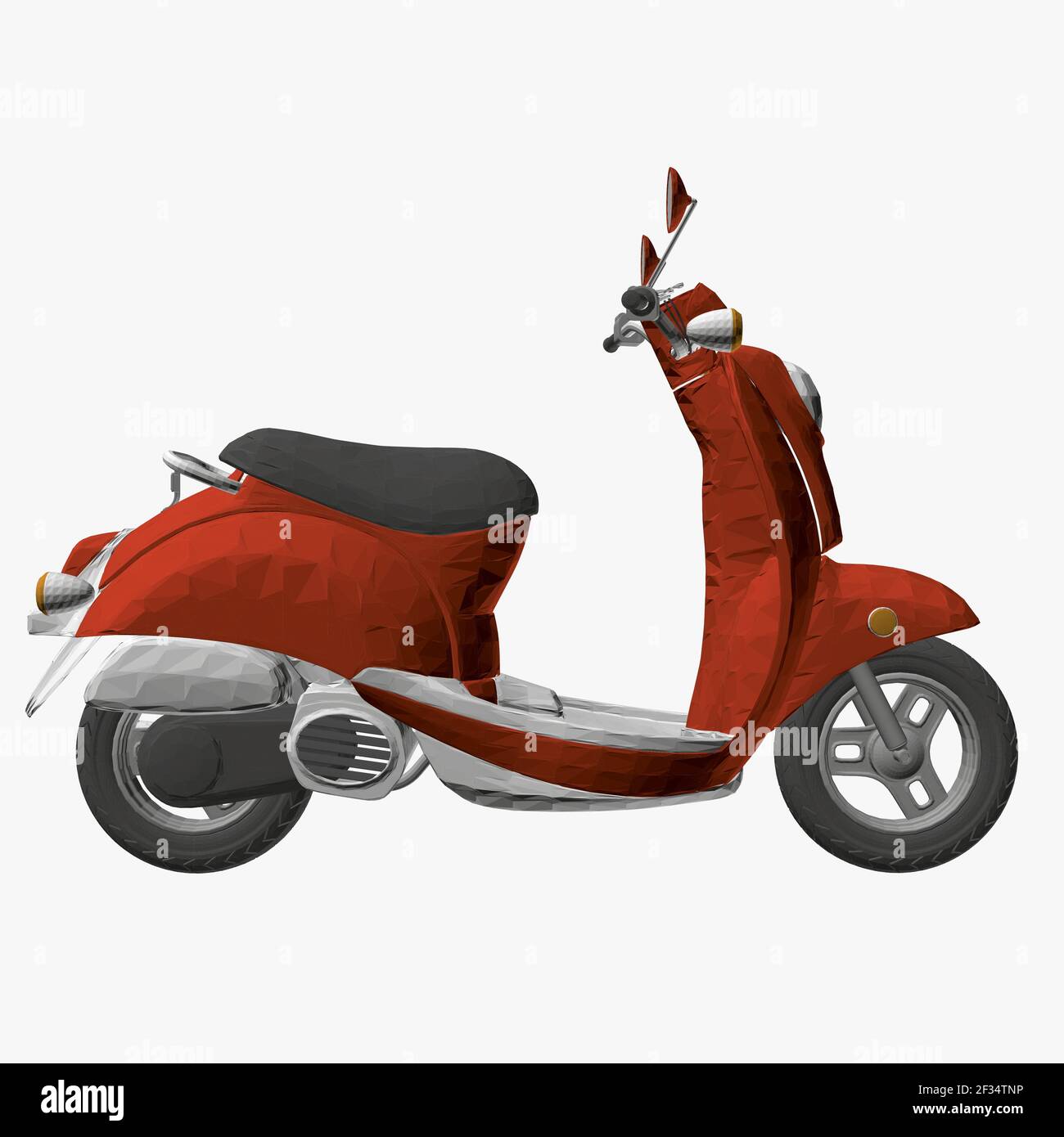 Polygonal red motor scooter isolated on white background. 3D. Side view
