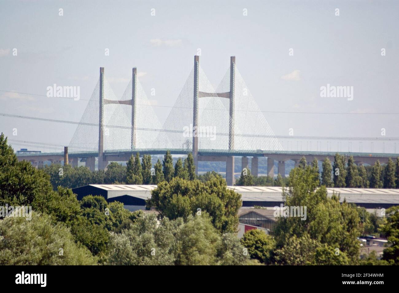 View from Caldicot Castle of the new Severn Bridge river crossing which links England and Wales. Stock Photo