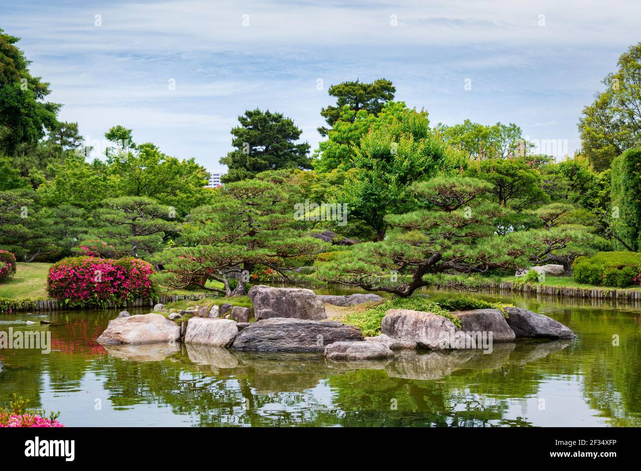 Beautiful traditional Japanese garden with lake and island, spring sunny day Stock Photo