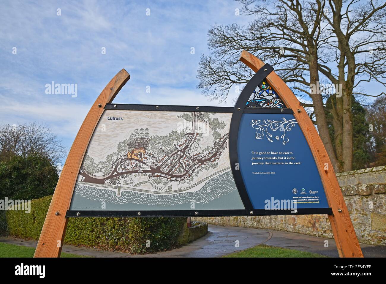 Information board with map and quote about travel at Culross, Fife, Scotland. This is at the start of the Pilgrims Way, on Fife Coastal Path. Stock Photo