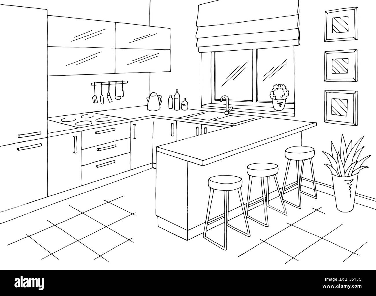 How to draw a kitchen in one point perspective  Interior design sketches  Kitchen interior design modern Kitchen drawing