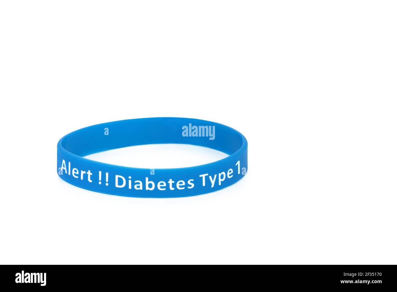 Diabetes type 1 alert wristband in blue rubber silicone on white background. Stock Photo