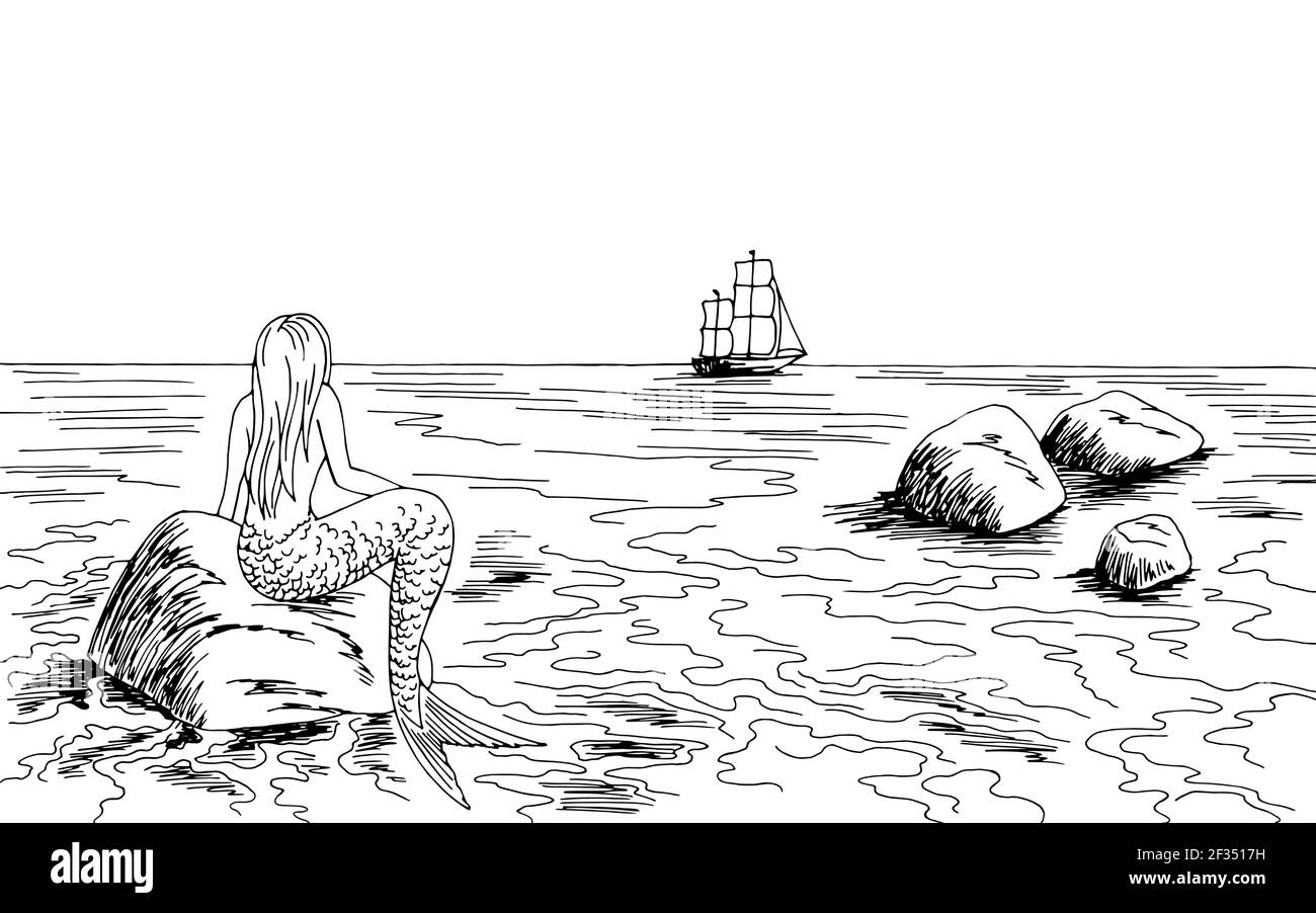 Mermaid looking at the ship graphic black white sea landscape sketch illustration vector Stock Vector