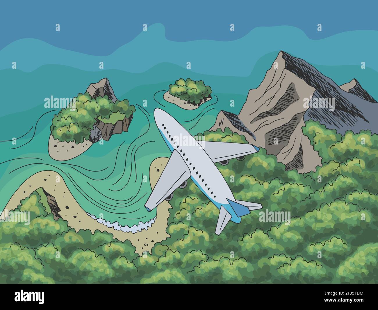 Airplane flying over the sea coast graphic travel color landscape aerial view from above sketch illustration vector Stock Vector