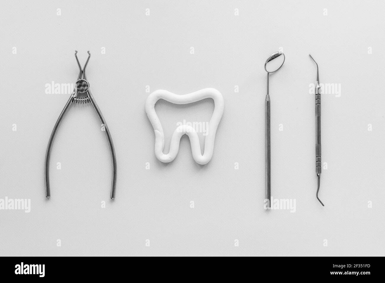 Flat lay of dental equipment tools. Dental care and oral hygiene