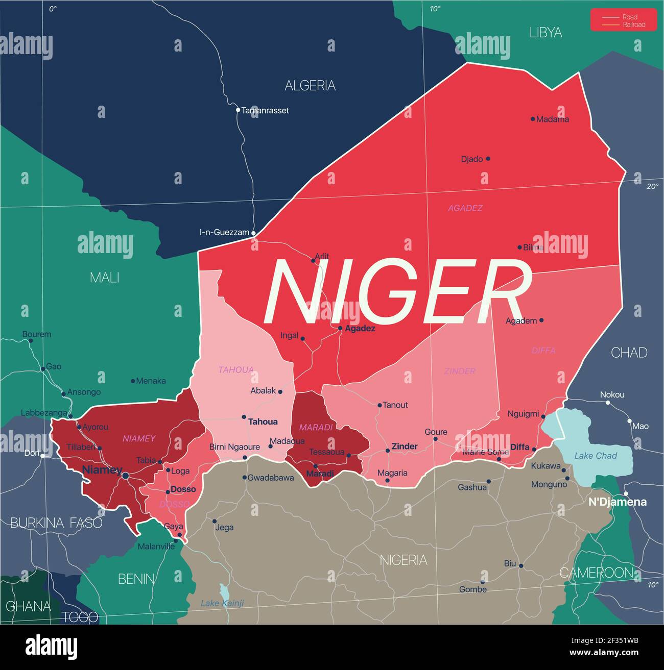 Niger Map Cities Niger Country Detailed Editable Map With Regions Cities And Towns Roads And Railways Geographic Sites Vector Eps 10 File 2F351WB 