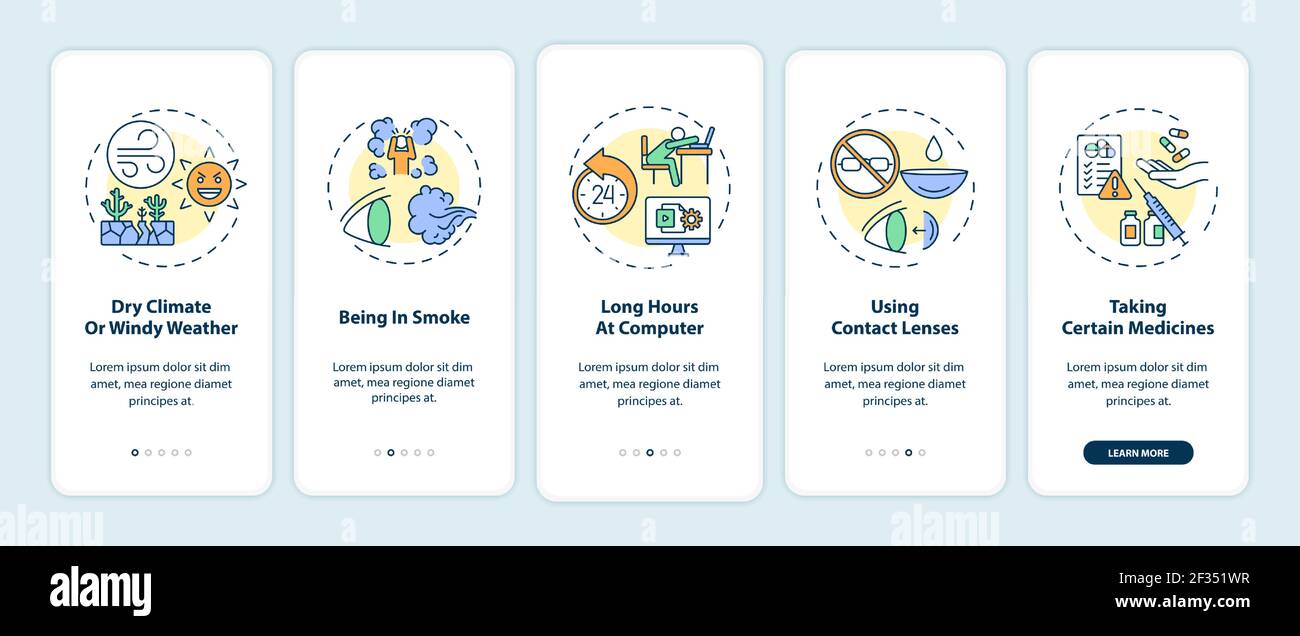 Dry eye causes onboarding mobile app page screen with concepts Stock Vector