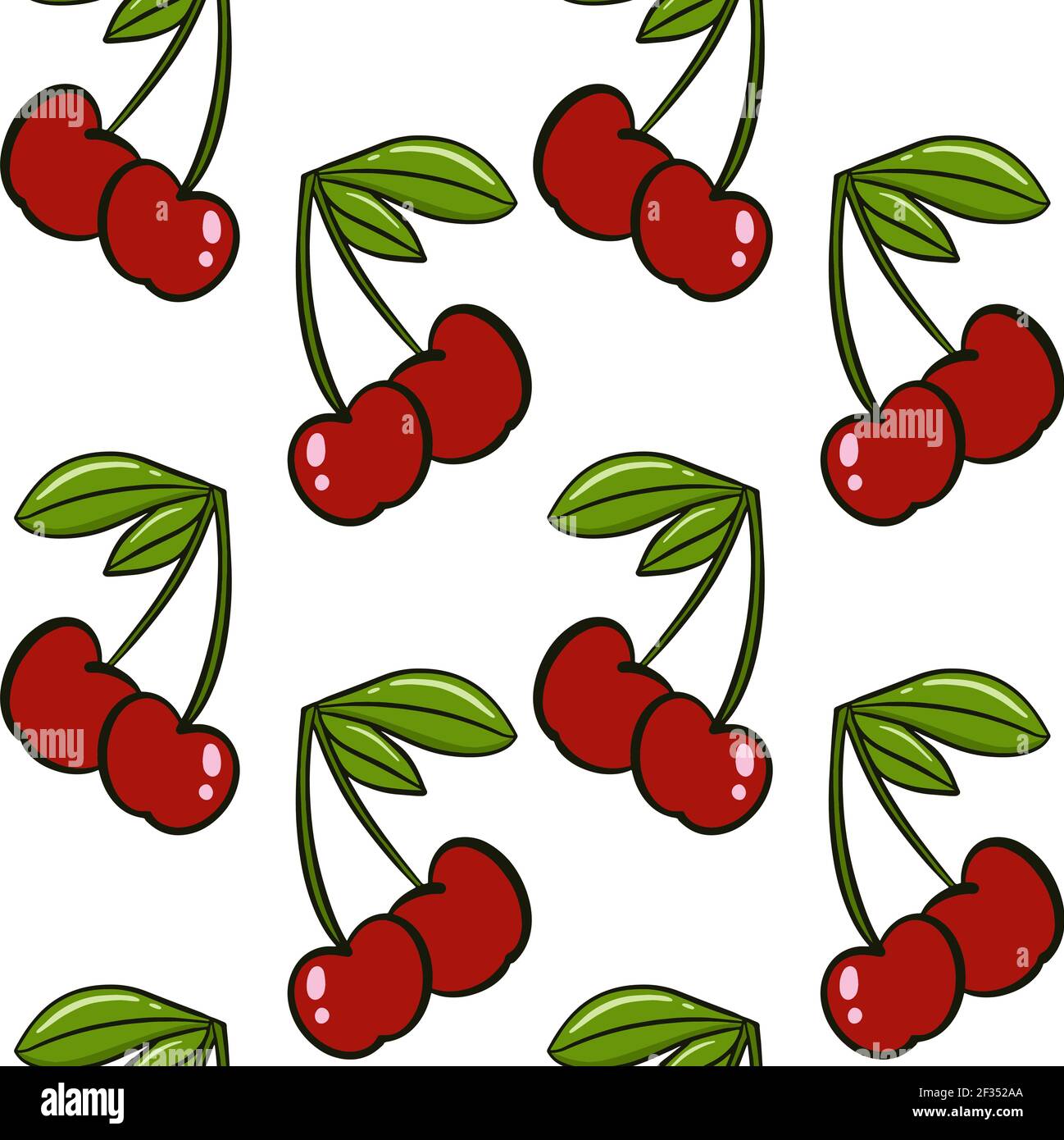 Cherry seamless background. Cherries, red berries with leaves on a