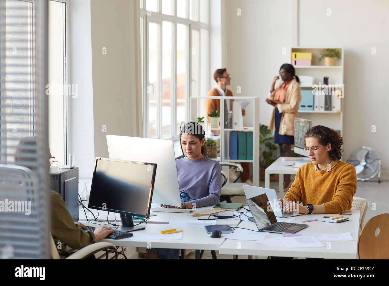 Portrait of young IT programmers using computers while working on software development in office interior, copy space Stock Photo