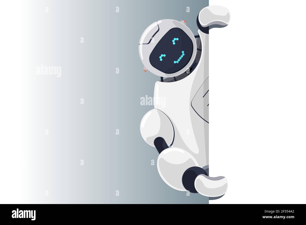 Cute robot look out corner blank banner template with space for text. Cyborg character holding empty white board for presentation. Robotic information poster mockup interface vector eps illustration Stock Vector