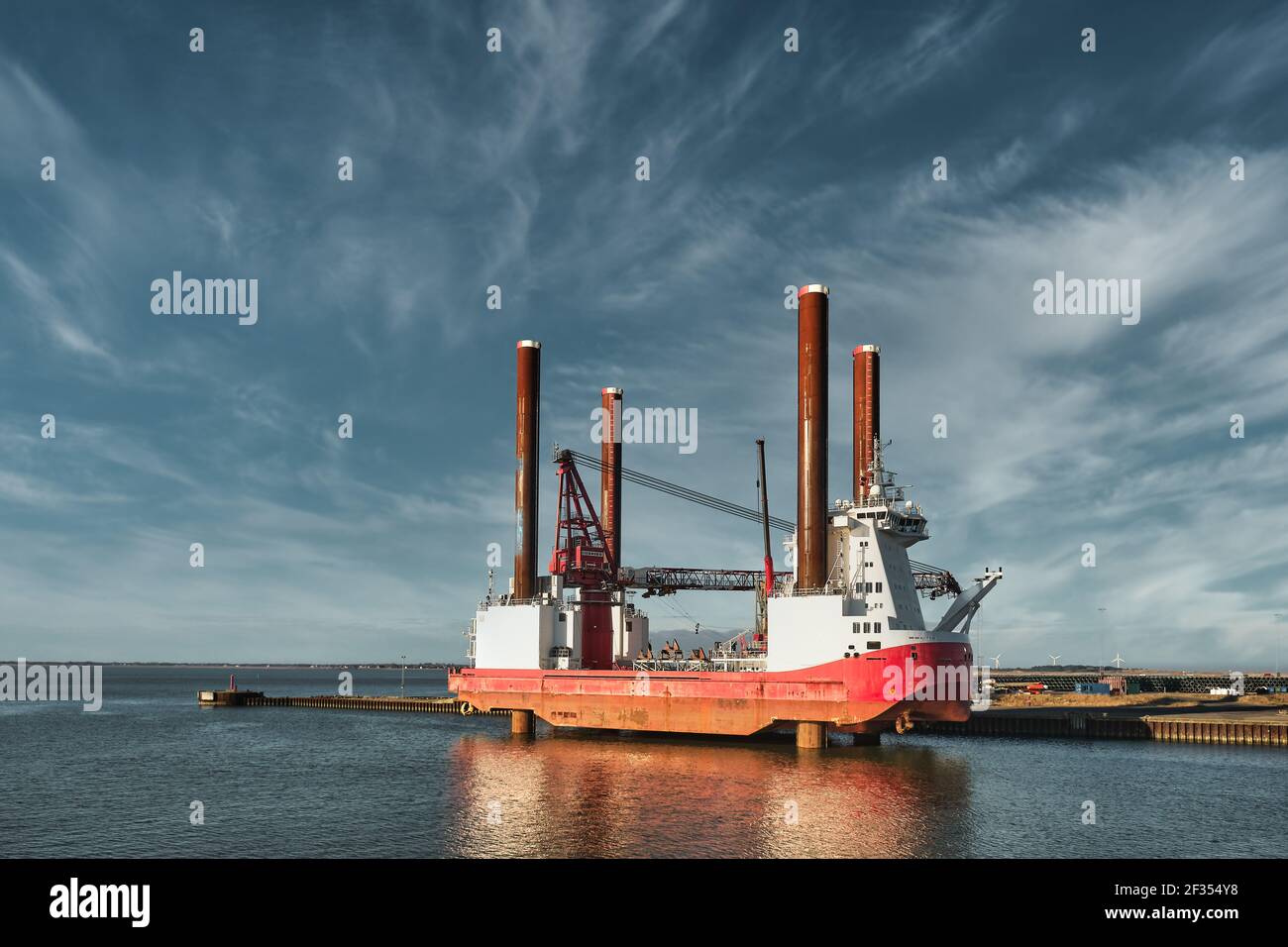Wind power rigs in Esbjerg harbor. Denmark Stock Photo
