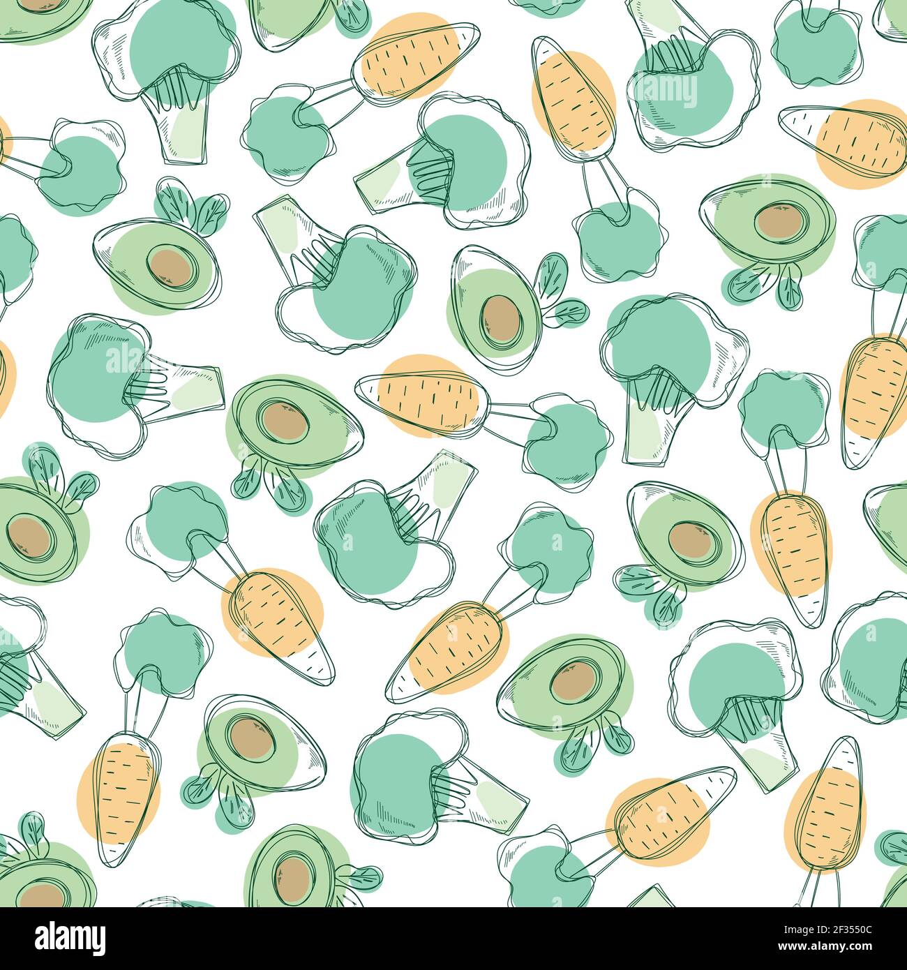 Vector seamless pattern with cute vegetables on white background, avocado, broccoli and carrot with colored spots. Stock Vector