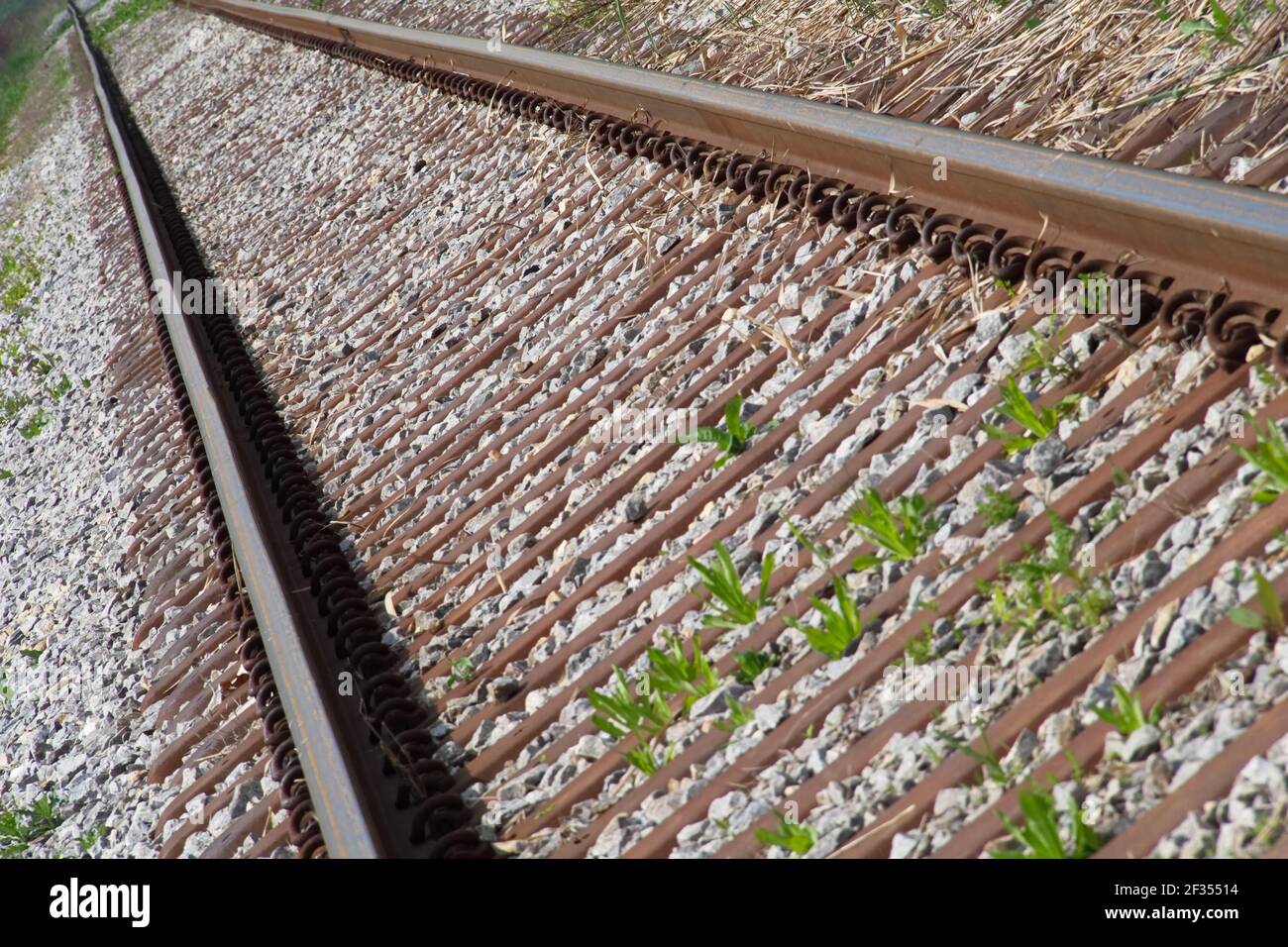 Low angle view of abandoned railroad tracks diagonally ending in a