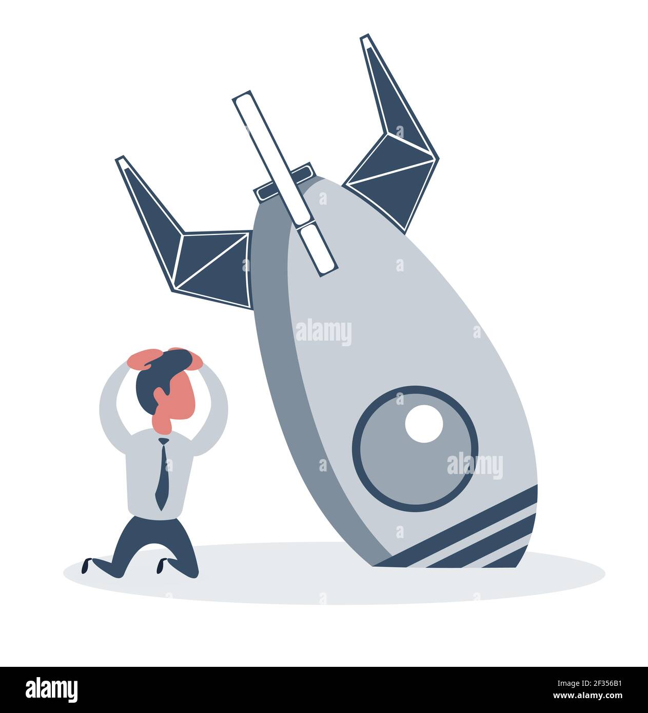 Businessman and rocket crashed. Business failure, the rocket fall down. Stock Vector