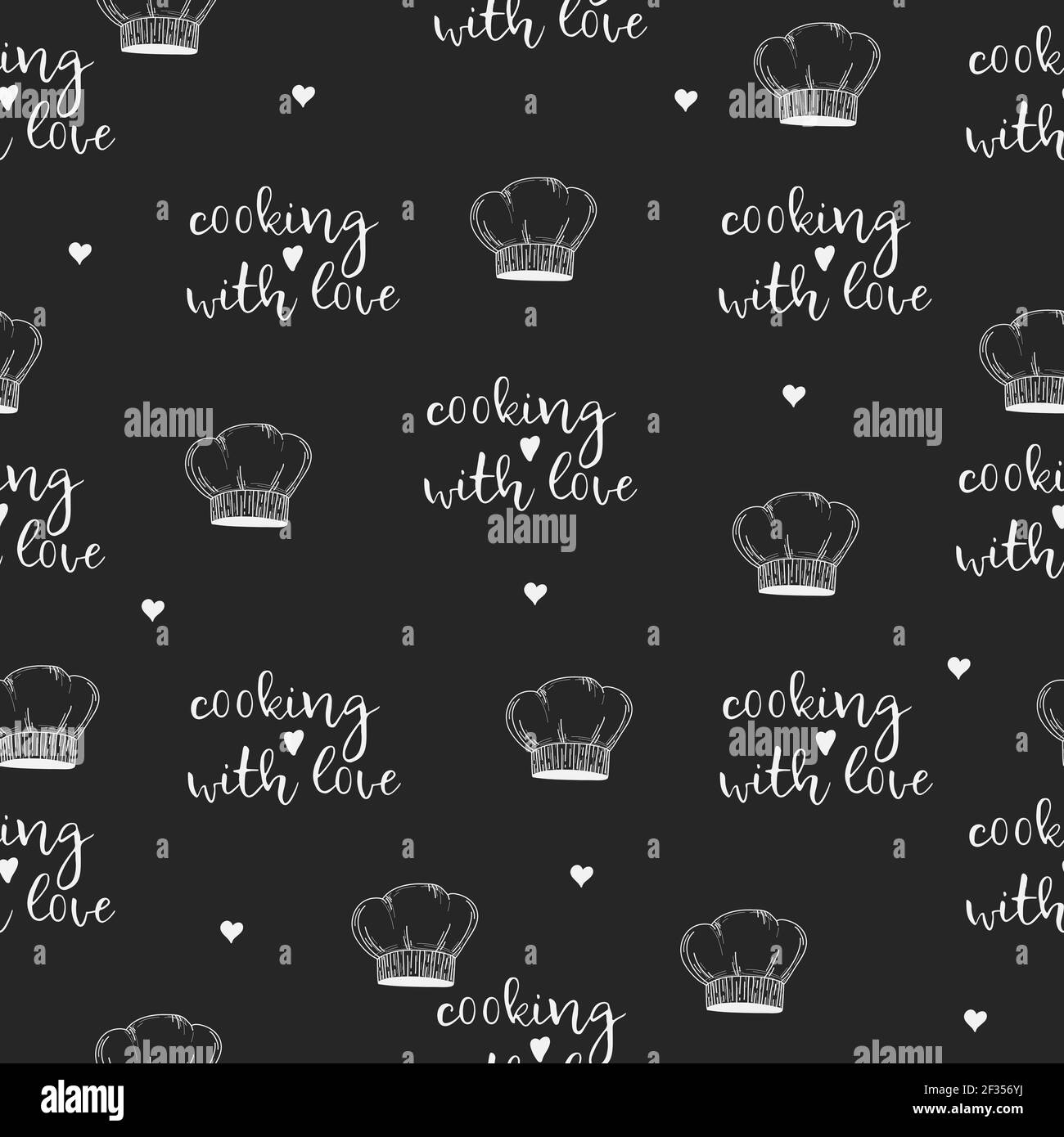 Cooking with love. White line vector illustration one black background. Kitchen sweet seamless pattern. Bakery print design Stock Vector