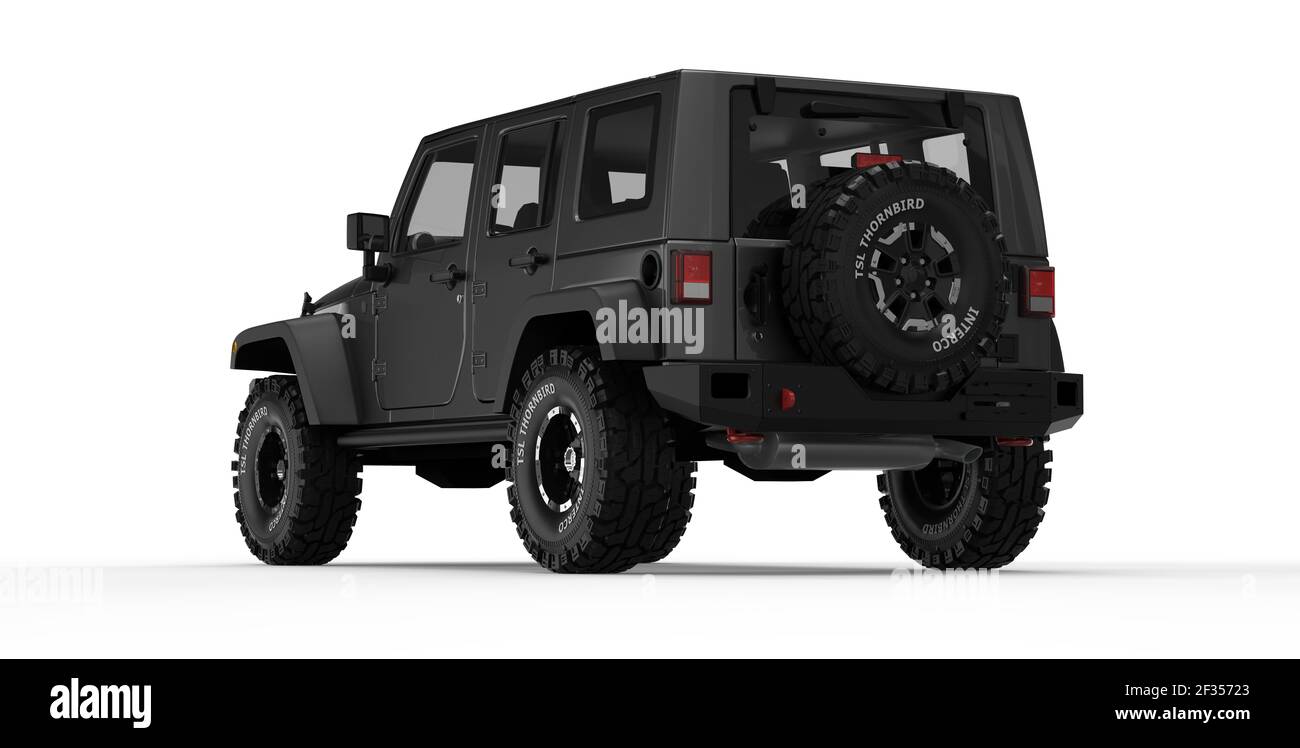 AUSTIN, UNITED STATES - Mar 02, 2021: Renderings of a Black Jeep Wrangler at various angles. Stock Photo
