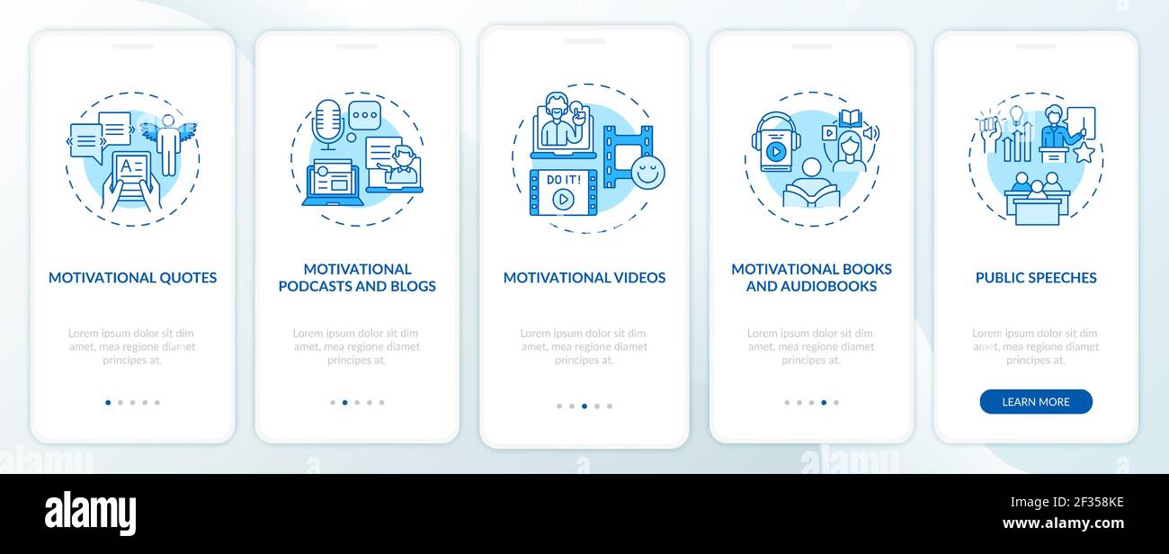 Motivational content sources onboarding mobile app page screen with concepts Stock Vector
