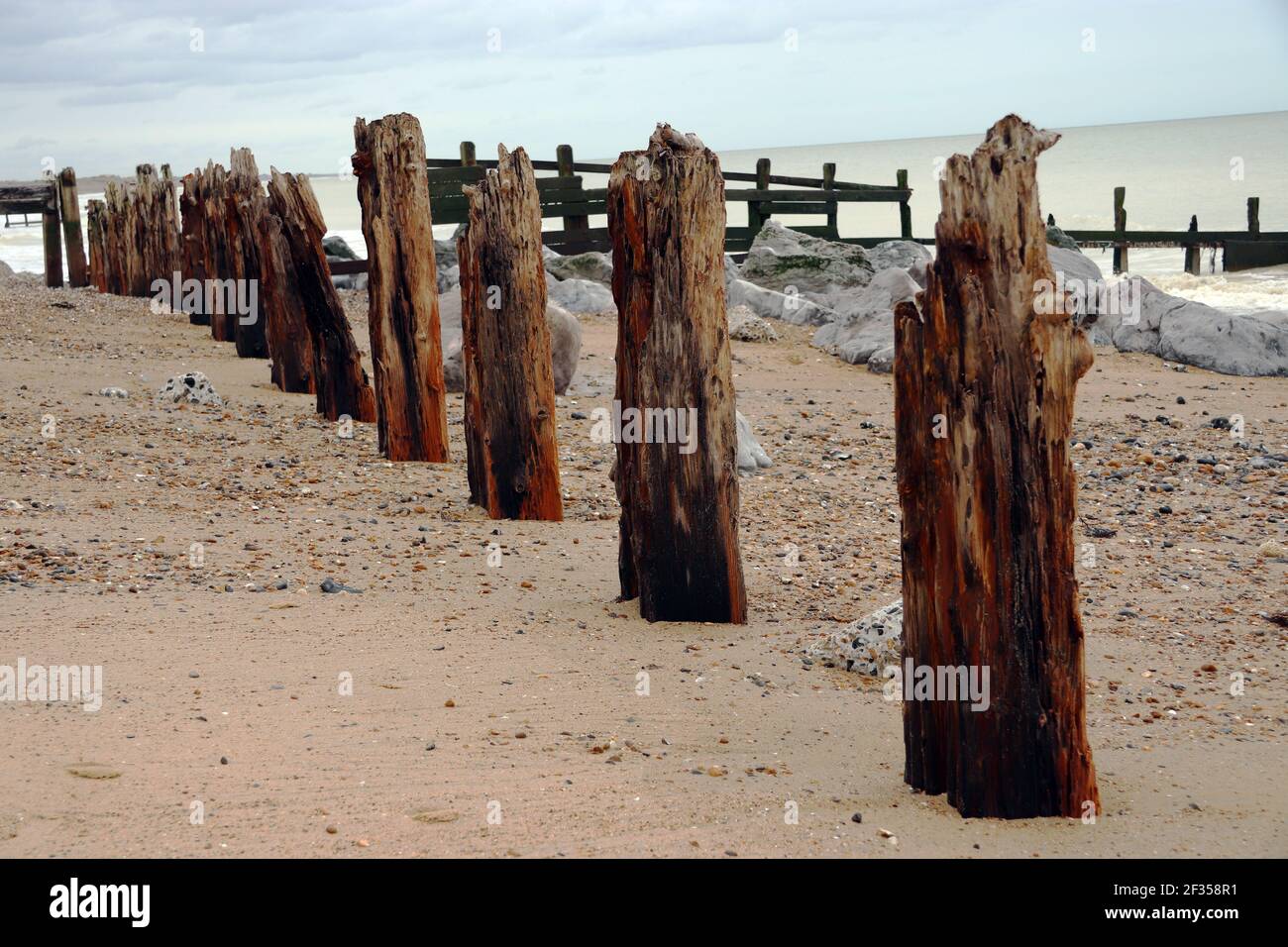 Wooden groynes on a beach showing interesting weathering patterns Stock