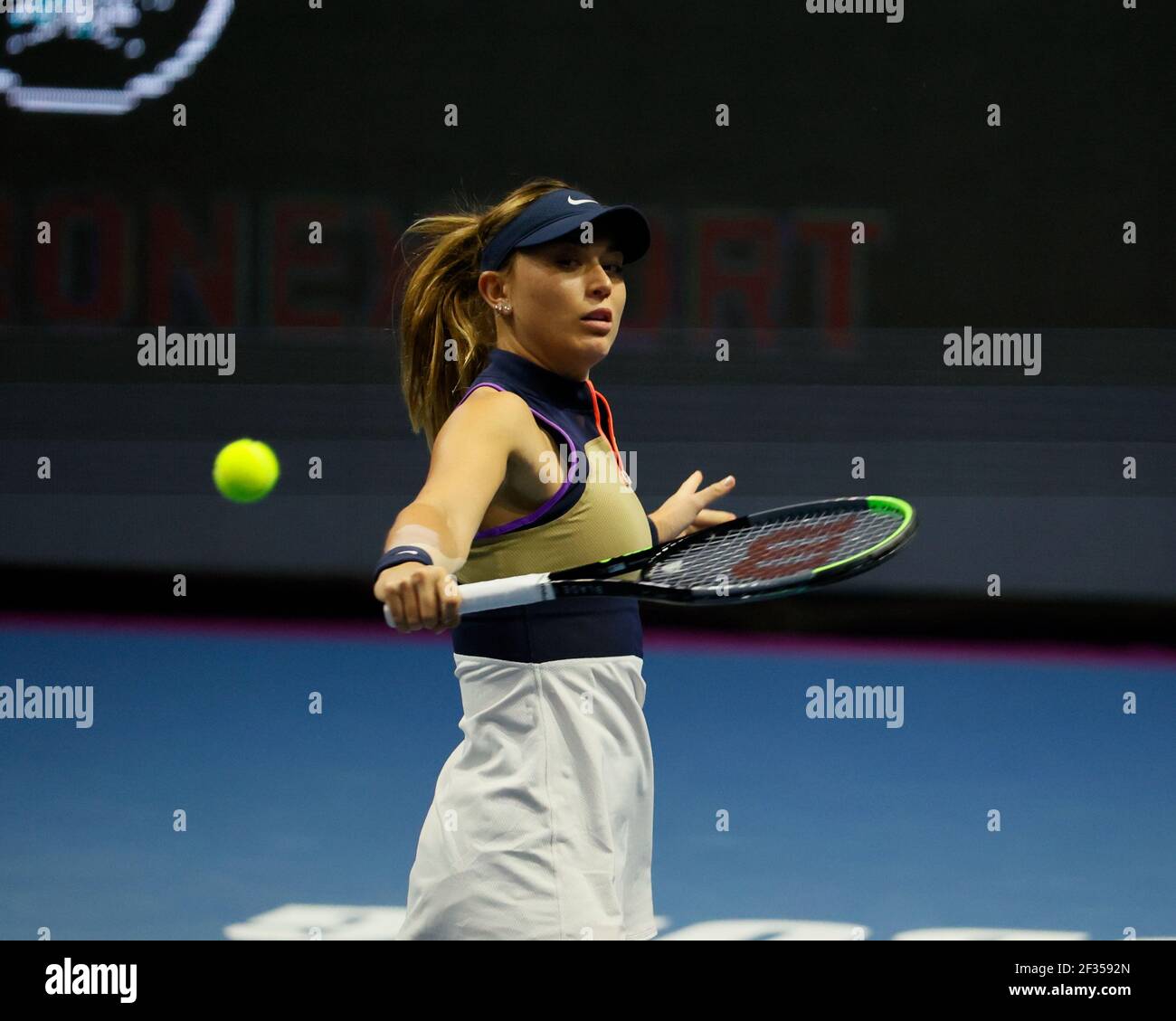 Saint Petersburg, Russia - 15 March 2021: Tennis. Paula Badosa of Spain  plays during a match against Jelena Ostapenko (not seen) of Latvia at the  St.Petersburg Ladies Trophy 2021 tennis tournament. Tennis