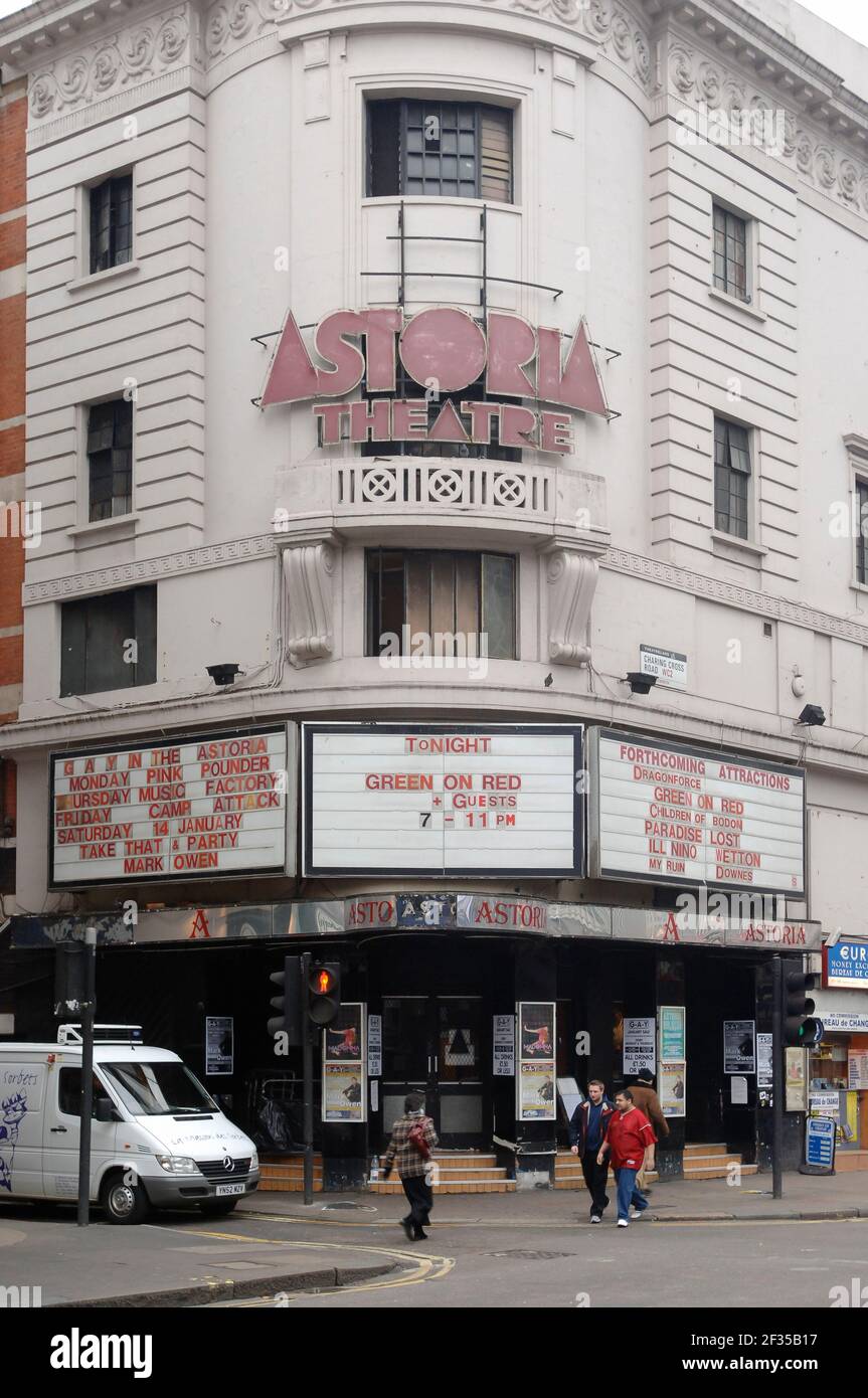 The Astoria Theatre, Charing Cross Road London, opened in 1927 as a cinema, it was designed by architect Edward A. Stone. It was was converted to a theatre in 1977 before becoming a nightclub and live music in venue 1985. In January 2009, the Astoria closed its doors for the last time and was demolished as part Crossrail redevelopment of Tottenham Court Road station. Astoria Theatre, Charing Cross Road , London, UK.  10 Jan 2006 Stock Photo