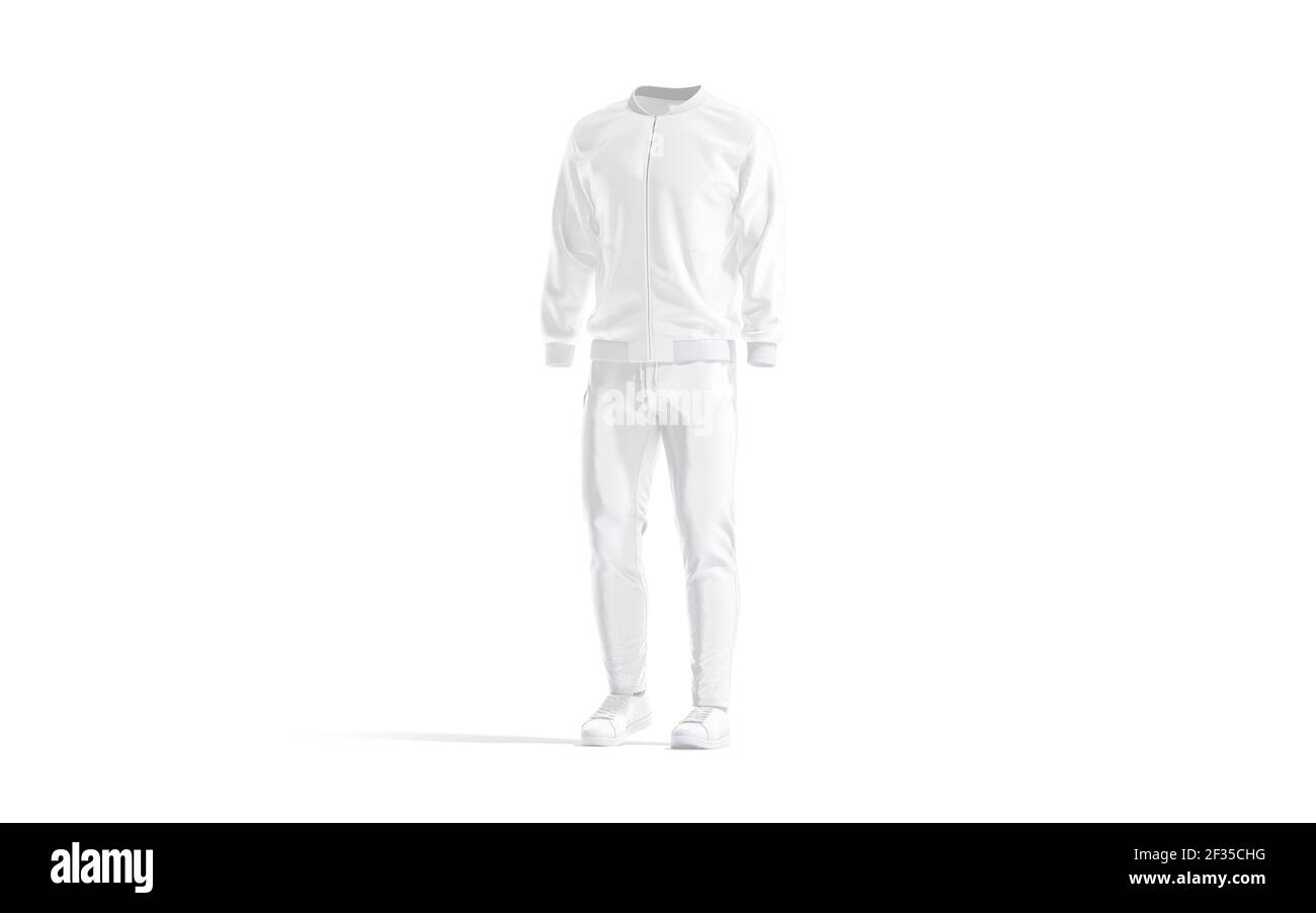 Blank white sport tracksuit with bomber, pants and sneakers mockup, 3d rendering. Empty street outwear with windproof wear mock up, isolated, side vie Stock Photo