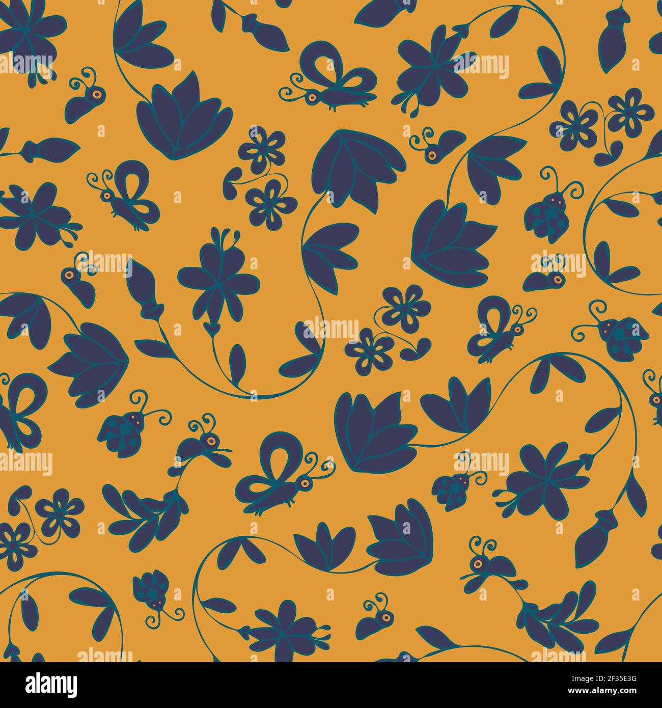 Seamless vector pattern with blue flowers and bugs on mustard yellow